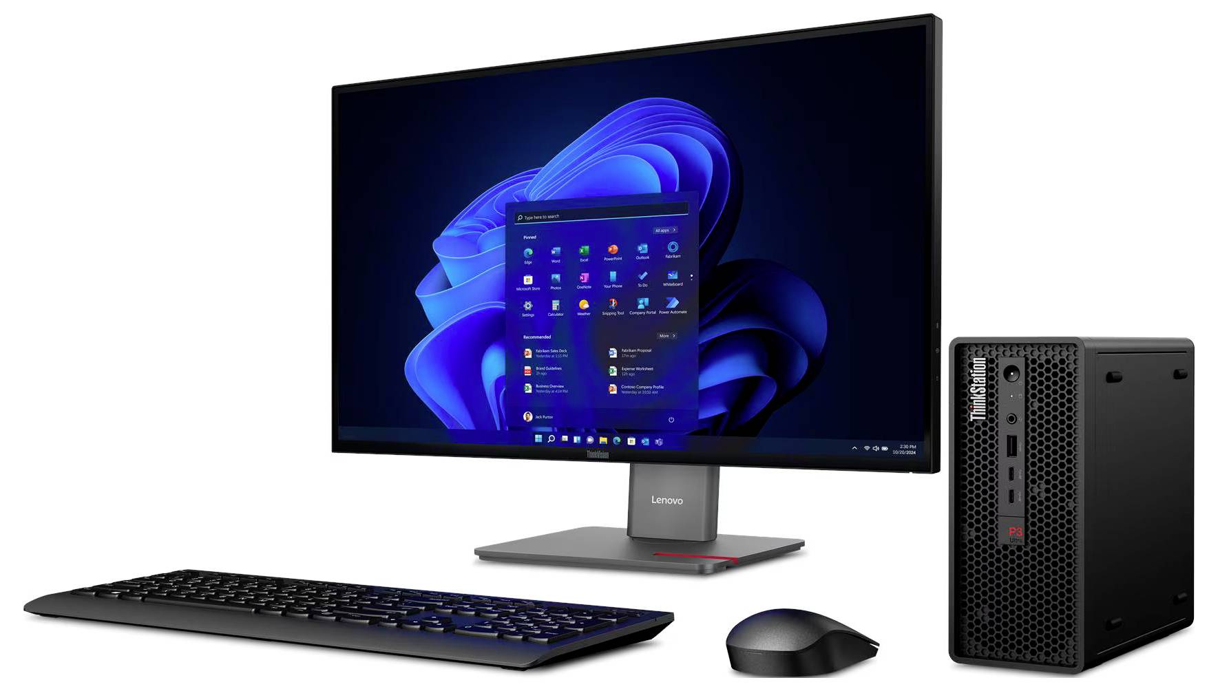 Una configurazione di computer desktop con un monitor che visualizza il menu Start di Windows 11, insieme a una tastiera, un mouse e un mini PC Lenovo ThinkCentre.
