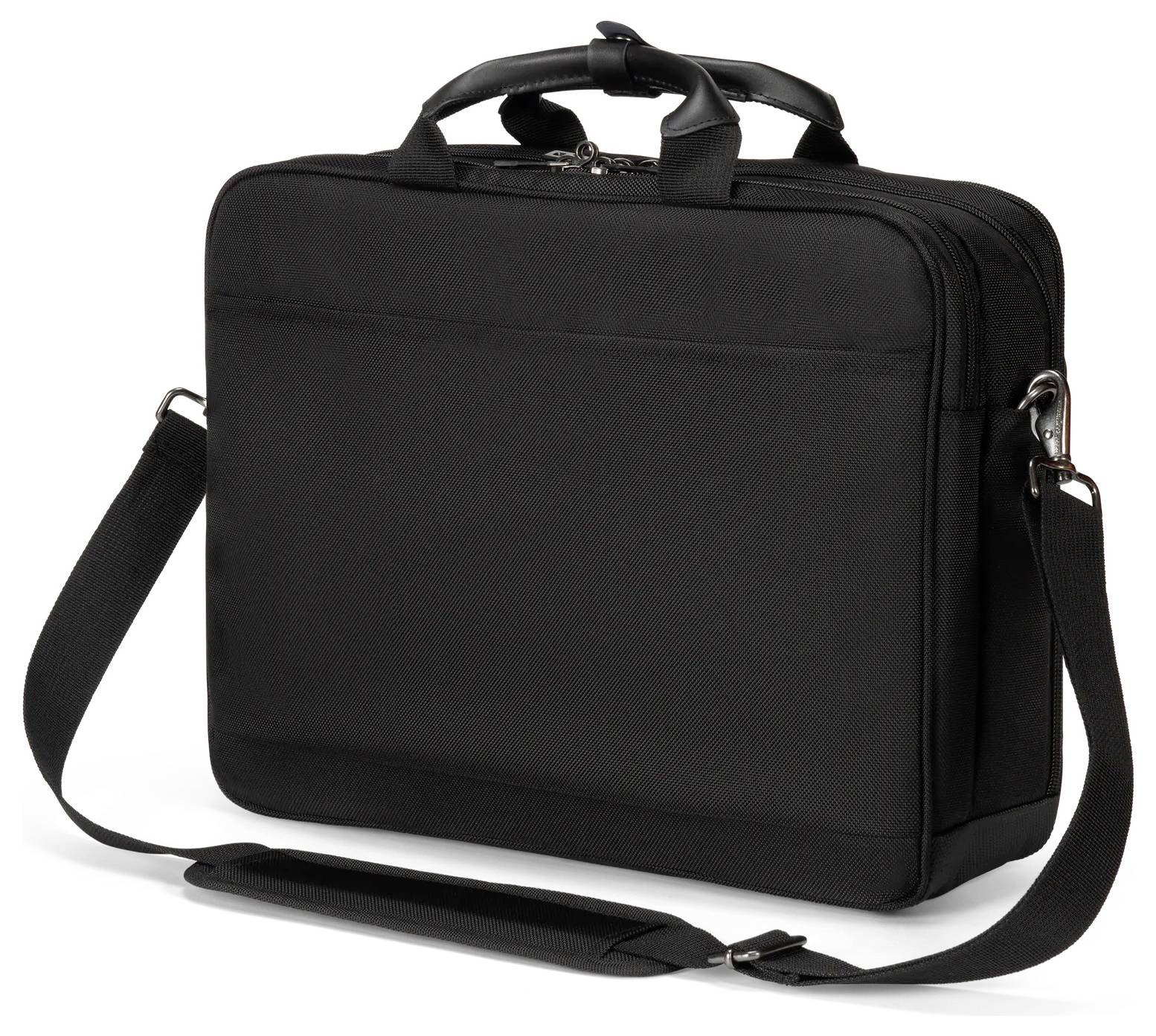 Una borsa per laptop nera con tracolla e maniglia, progettata per trasportare dispositivi elettronici e accessori.