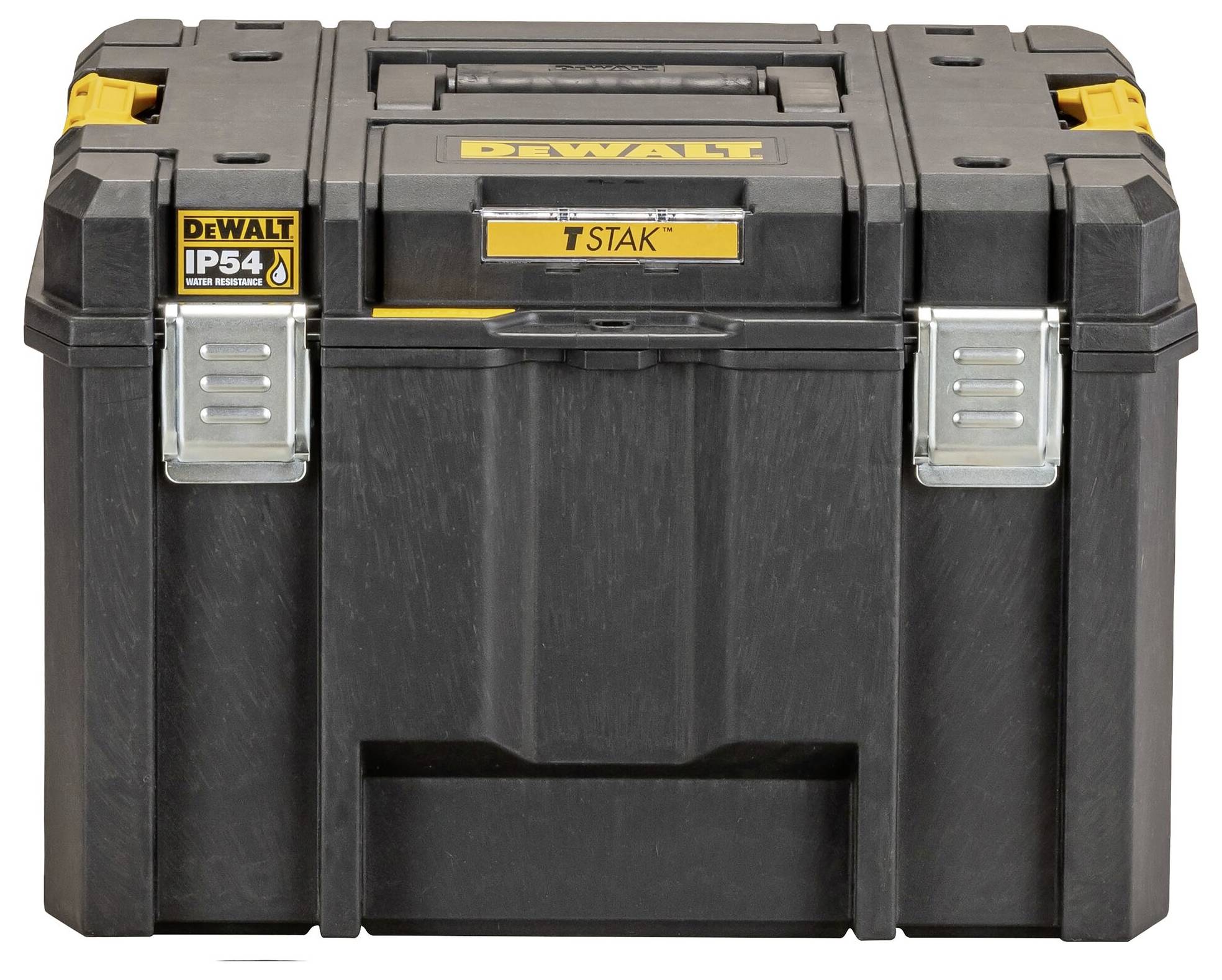 Cassetta attrezzi 'DEWALT T STAK', nera con logo giallo, fermi in metallo e certificazione IP54 per la resistenza a polvere e acqua. Design robusto e durevole.