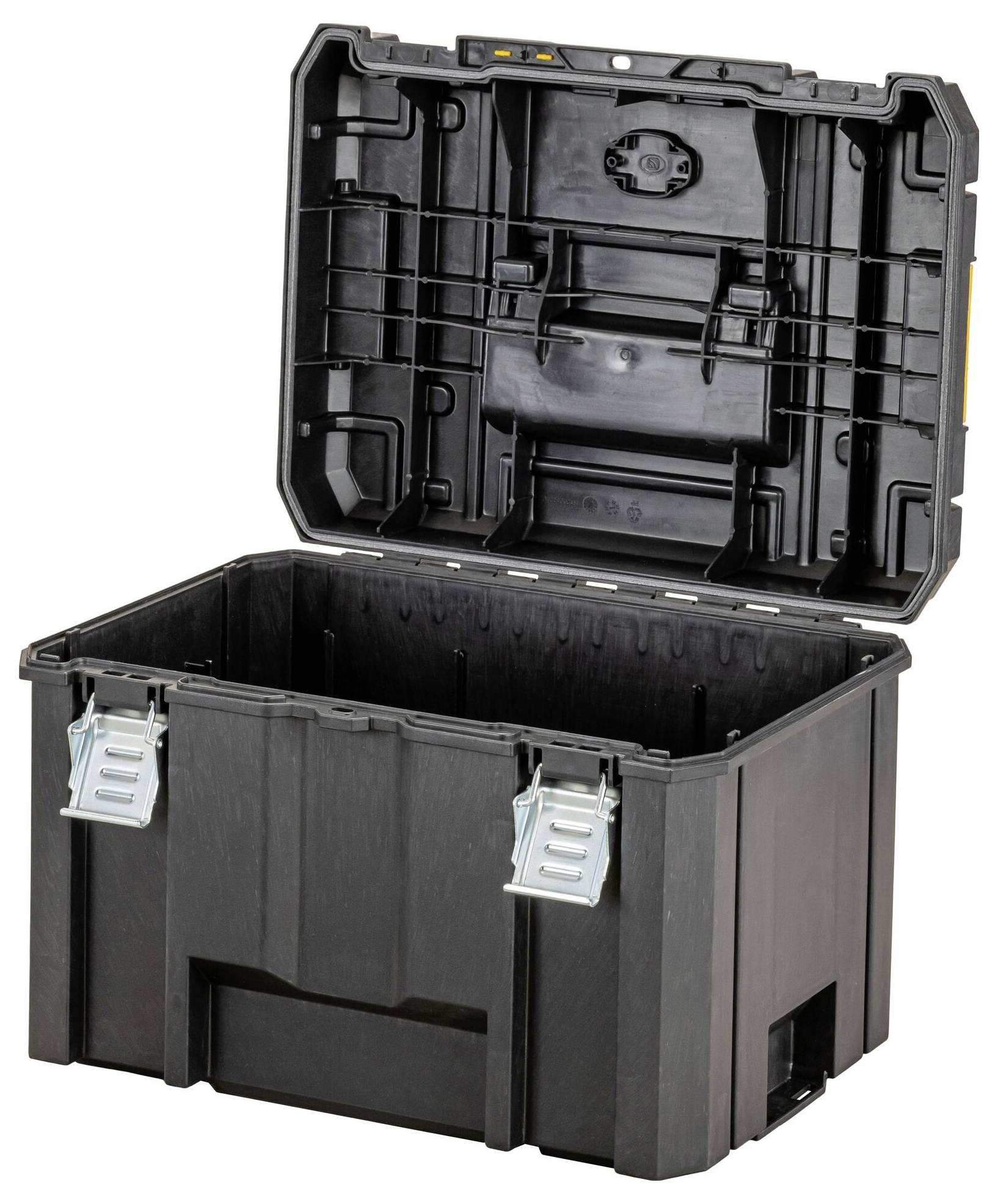 Cassetta attrezzi in plastica nera con coperchio aperto, dotata di fermi in metallo e scomparti di archiviazione all'interno del coperchio, progettata per organizzare gli attrezzi.