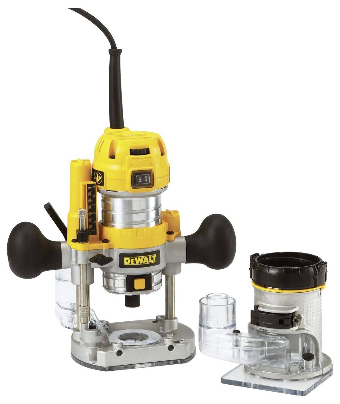 Un router DeWalt giallo e nero con base a doppio manico e un attacco di base aggiuntivo separato, utilizzato per lavori di falegnameria.