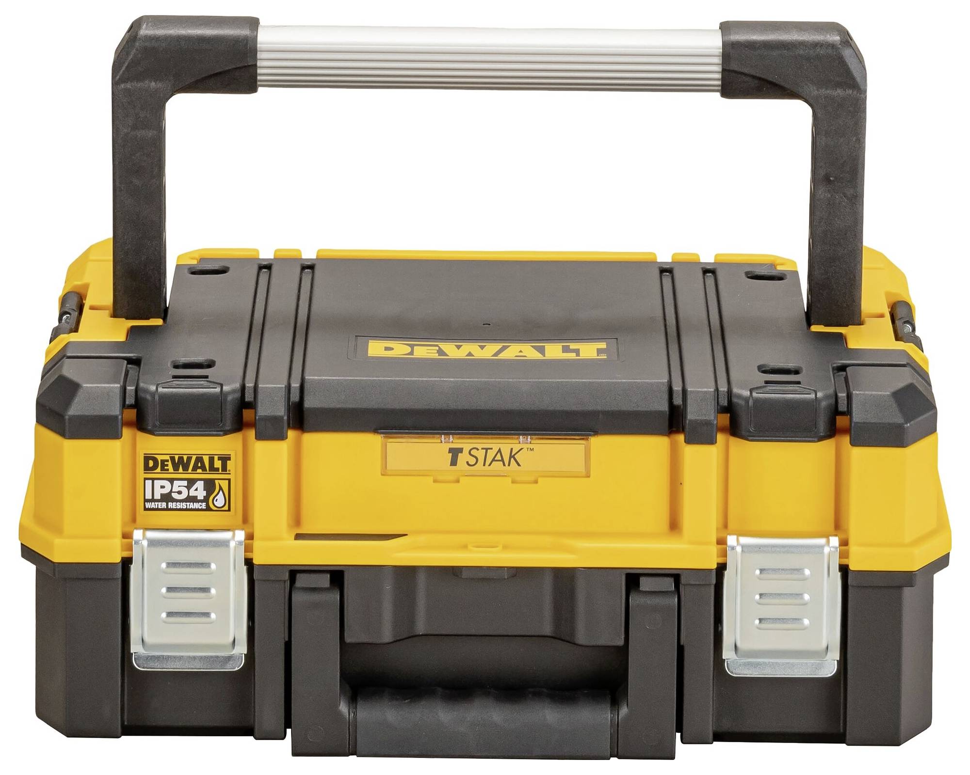 Una cassetta degli attrezzi gialla e nera con fermi in metallo e una maniglia, marchiata 'DeWalt TSTAK', con etichetta di resistenza all'umidità 'IP54'.