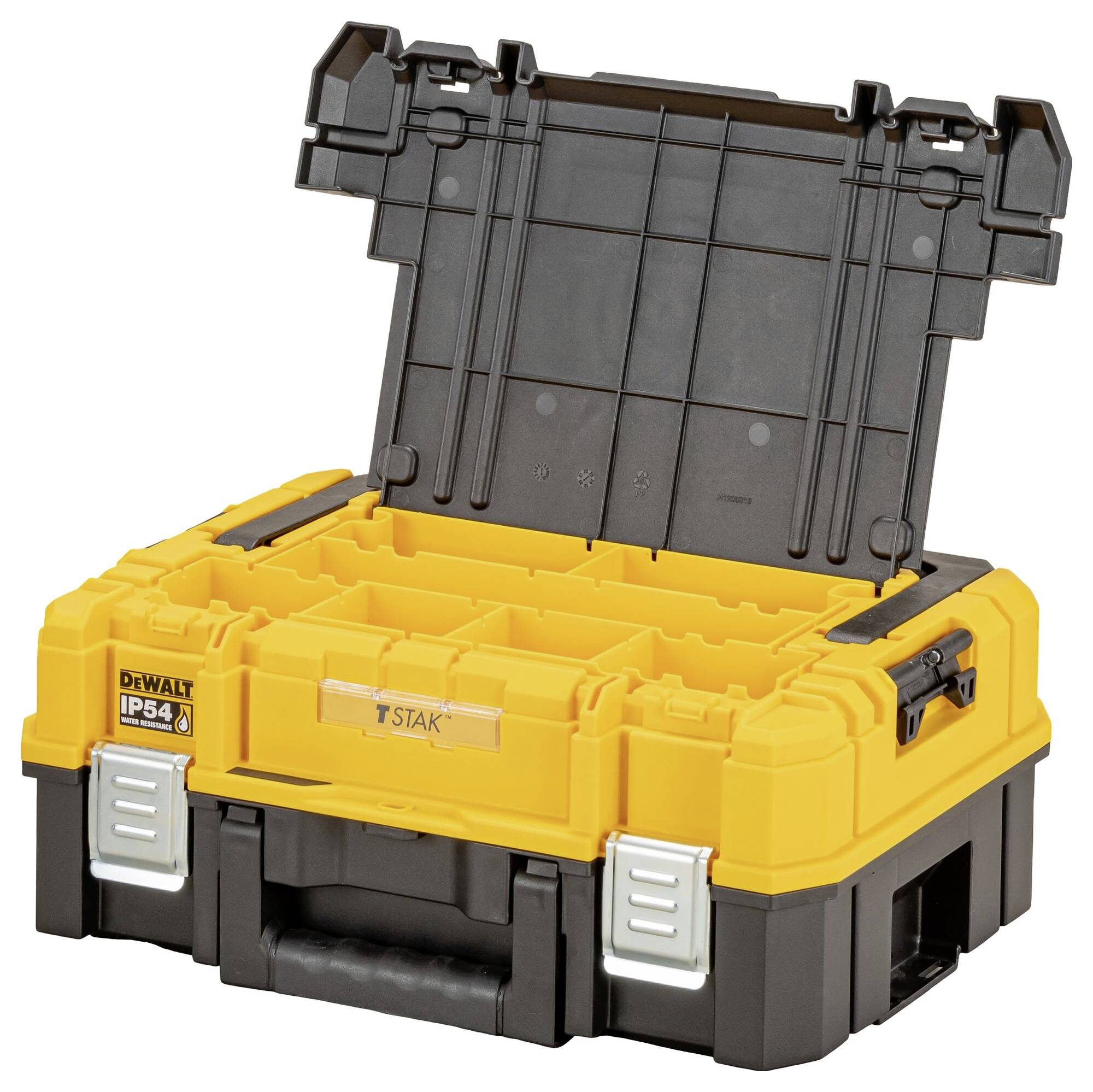 Scatola di stoccaggio con coperchio aperto che mostra i compartimenti interni. È gialla e nera, con un'etichetta 'T STAK' ben visibile sulla parte anteriore.