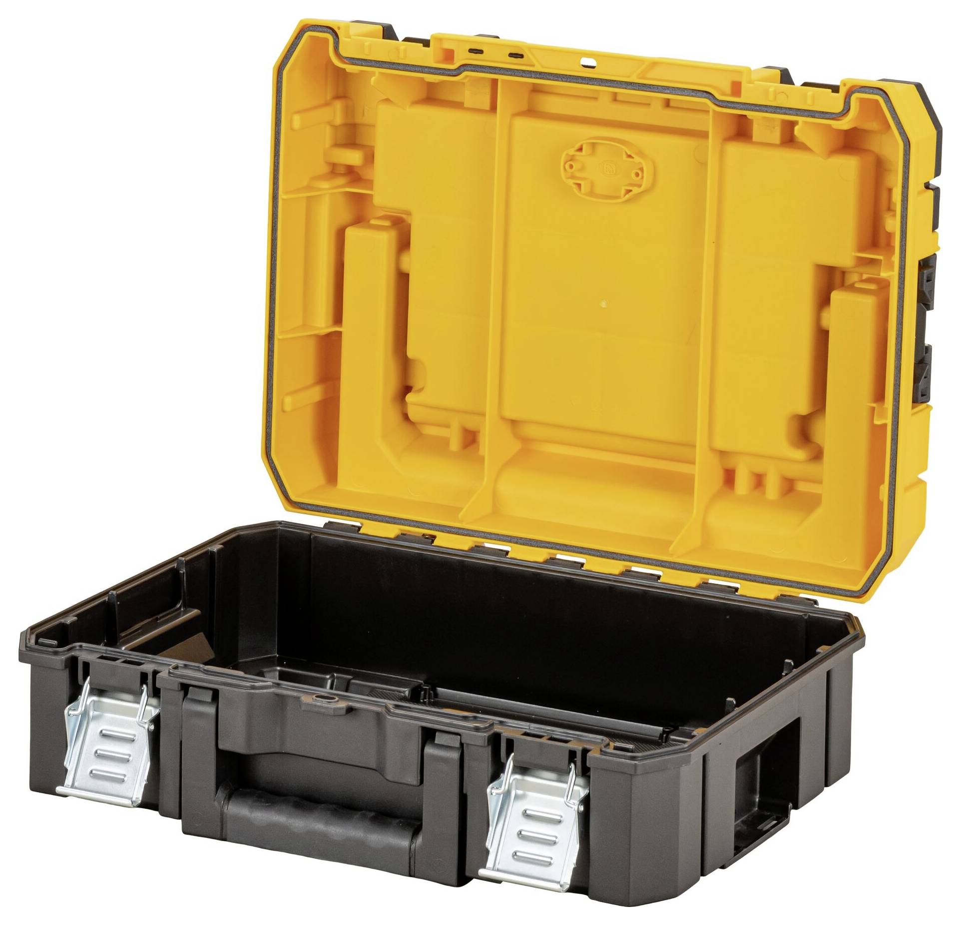 Una cassetta degli attrezzi gialla e nera aperta con un manico e fermagli in metallo, che mostra l'interno vuoto, utilizzata per riporre attrezzi.