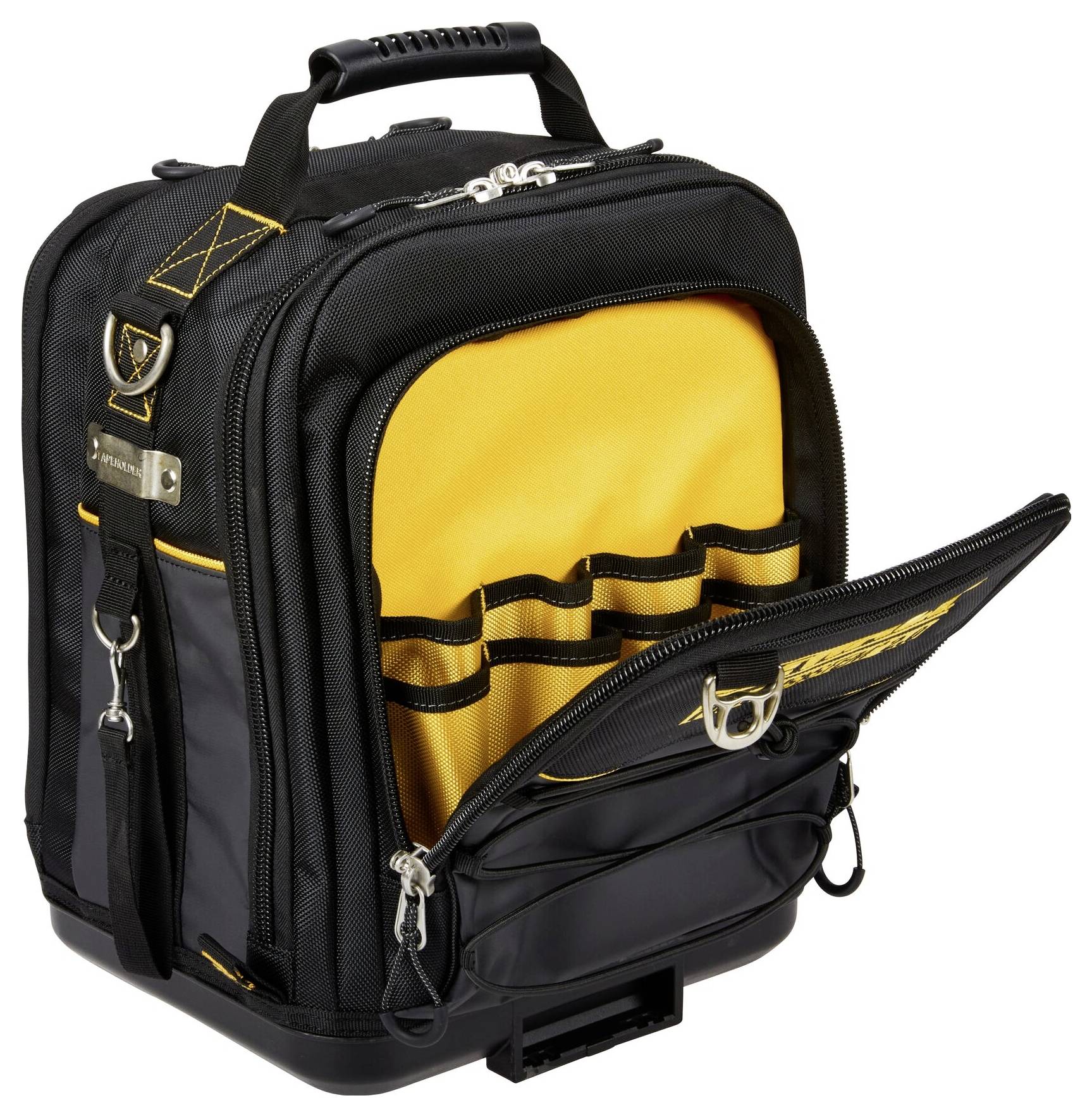 Uno zaino da lavoro nero e giallo con molteplici tasche e scomparti, inclusa una tasca anteriore con cerniera che mostra vani di stoccaggio organizzati.