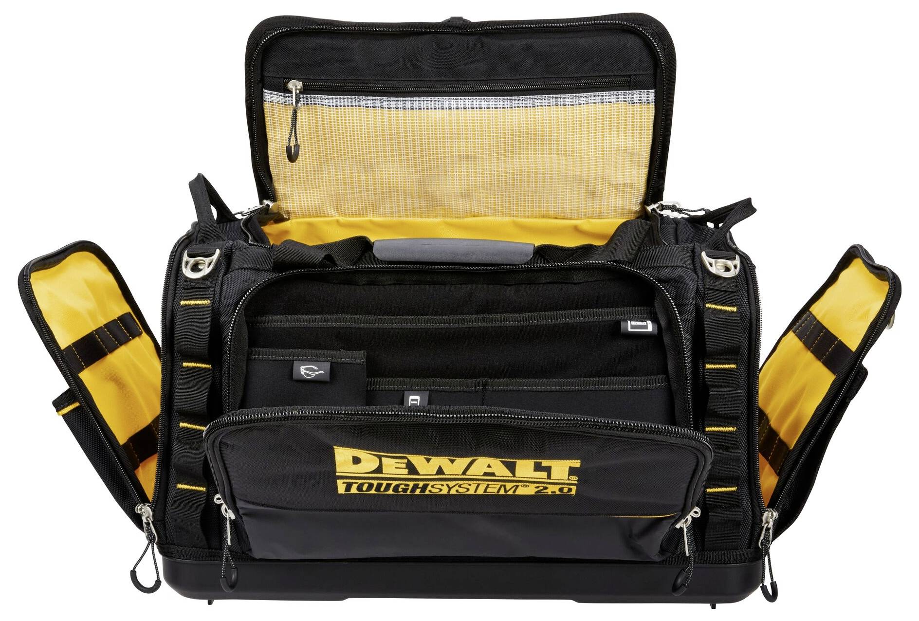 Borsa portautensili nera e gialla con più scomparti e marchio DEWALT, aperta per mostrare le tasche interne per l'organizzazione.