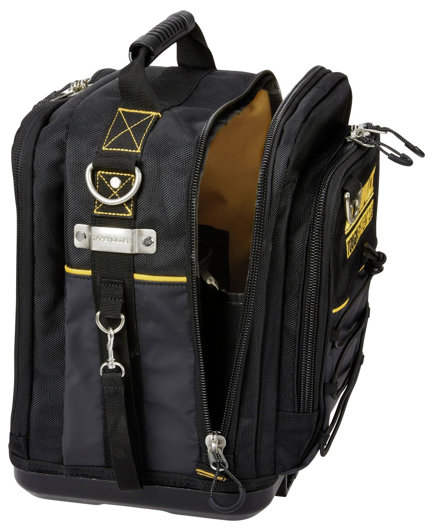 Uno zaino da lavoro nero e giallo con più scomparti con cerniera, una maniglia superiore robusta e clip di sospensione per il trasporto dell'attrezzatura.