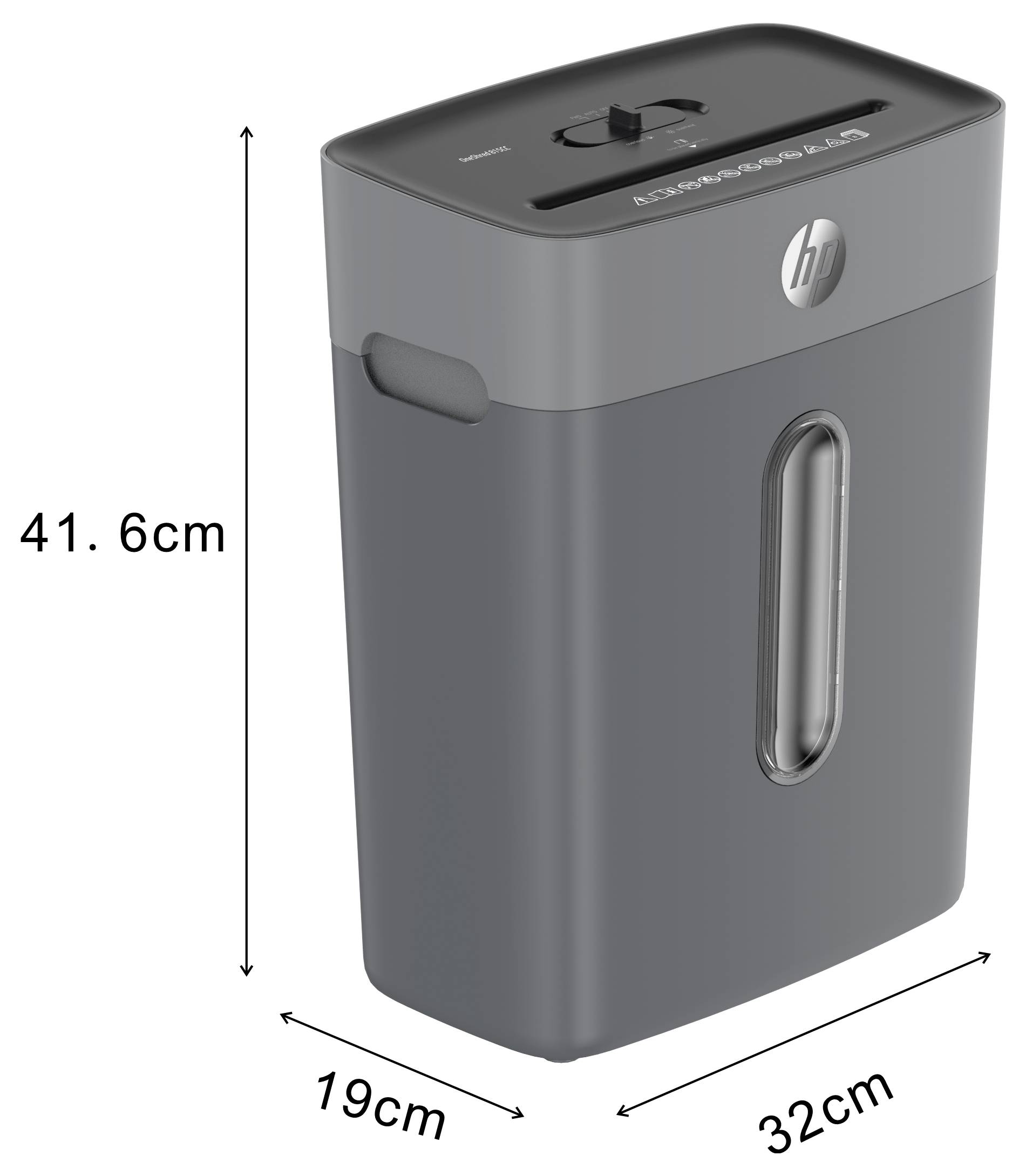 Distruggi documenti grigio scuro con dimensioni: 41,6 cm di altezza, 19 cm di larghezza e 32 cm di profondità. Finestra ovale sul frontale.