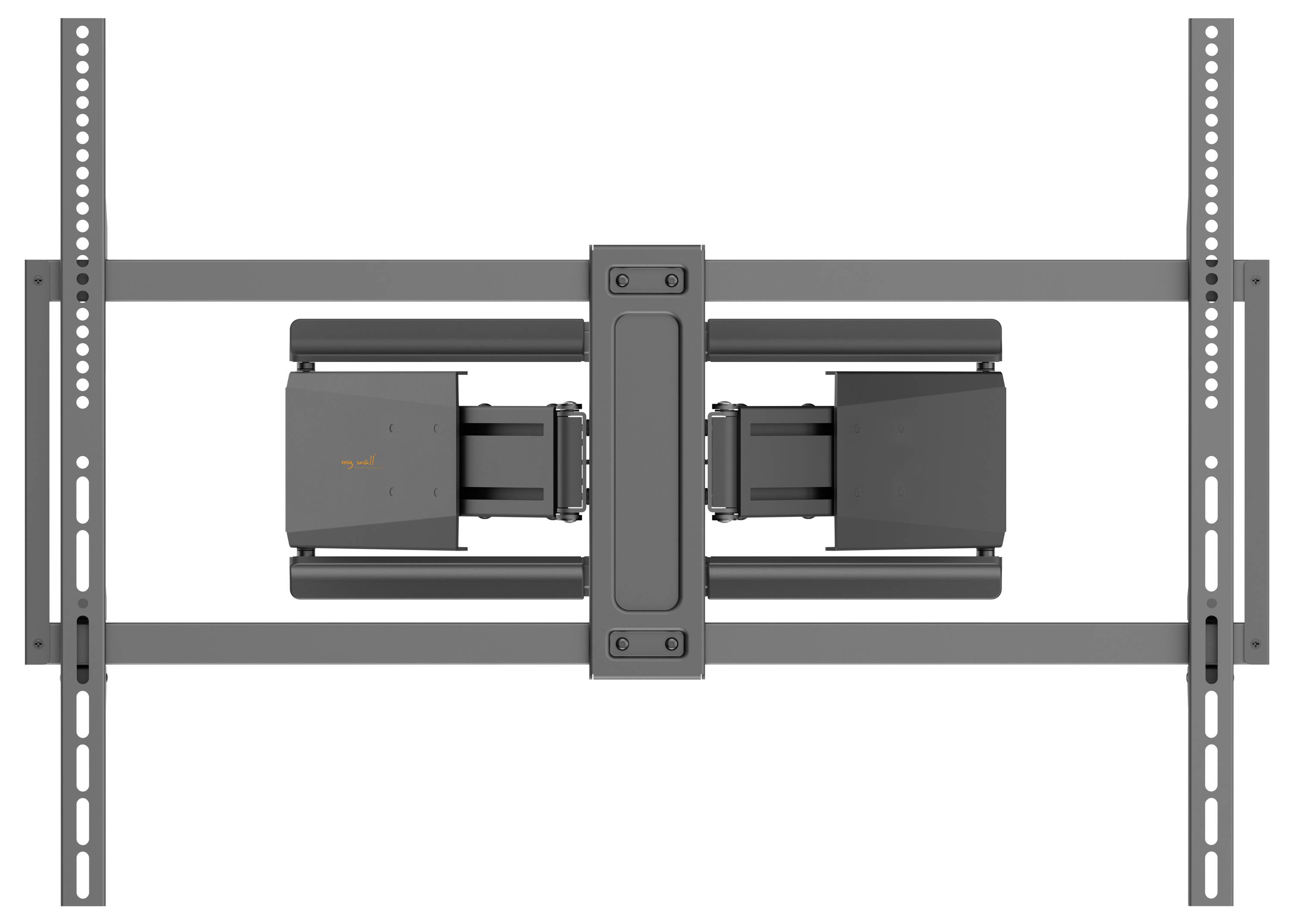 'Una staffa di montaggio a parete per uno schermo, caratterizzata da un design a doppio braccio e meccanismi di scorrimento regolabili su un telaio orizzontale.'