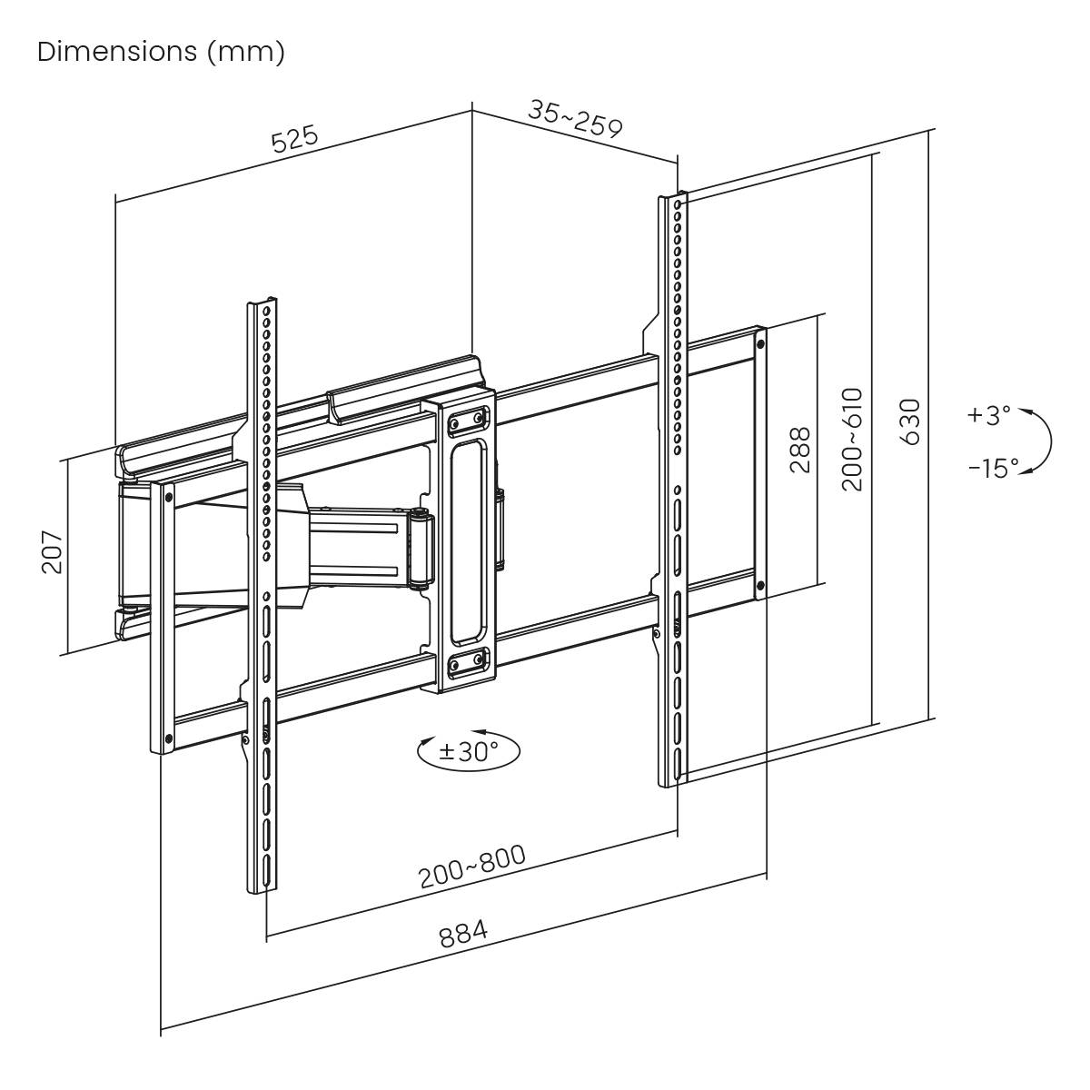 Diagramma di una staffa di montaggio a parete con dimensioni regolabili per TV: larghezza 525mm, altezza 288mm, profondità 35-259mm, inclinazione da +3° a -15°.