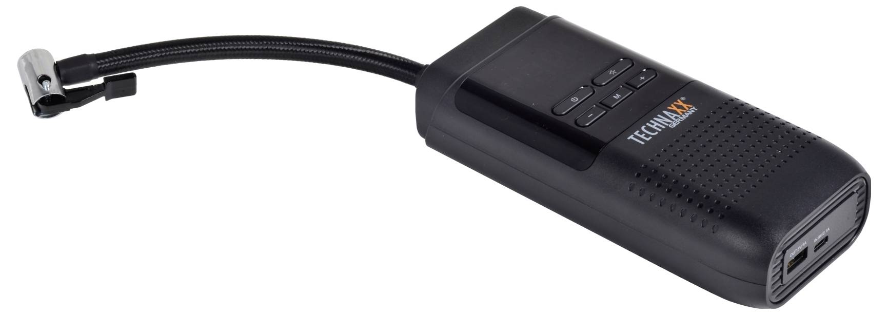 Pompa d'aria portatile con display digitale e pulsanti in alto, dotata di tubo d'aria flessibile e design compatto con marchio "TECHMAX".