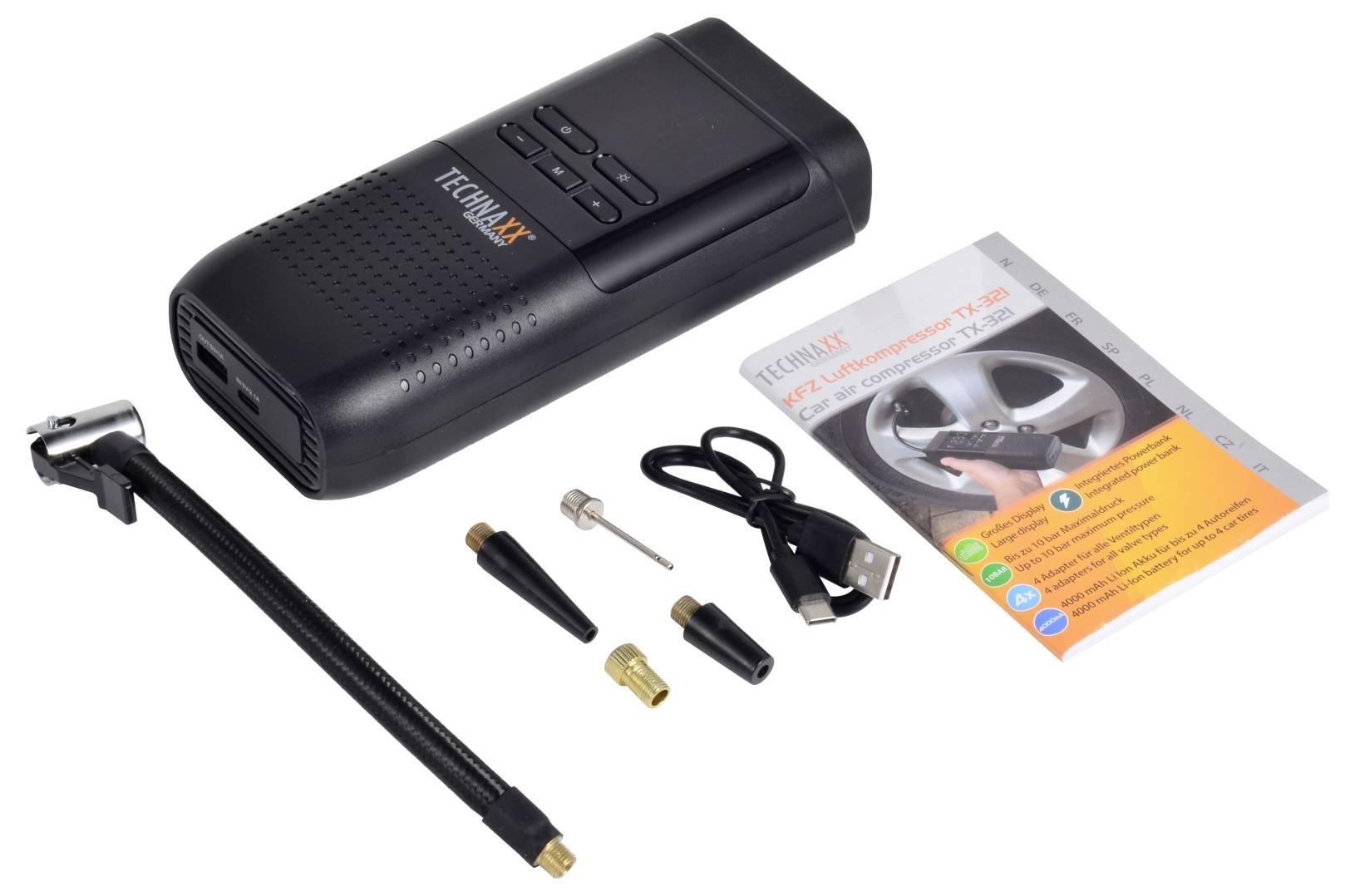 Gonfiatore portatile per pneumatici nero con tubo, vari adattatori per ugelli, cavo USB e manuale di istruzioni per l'uso.