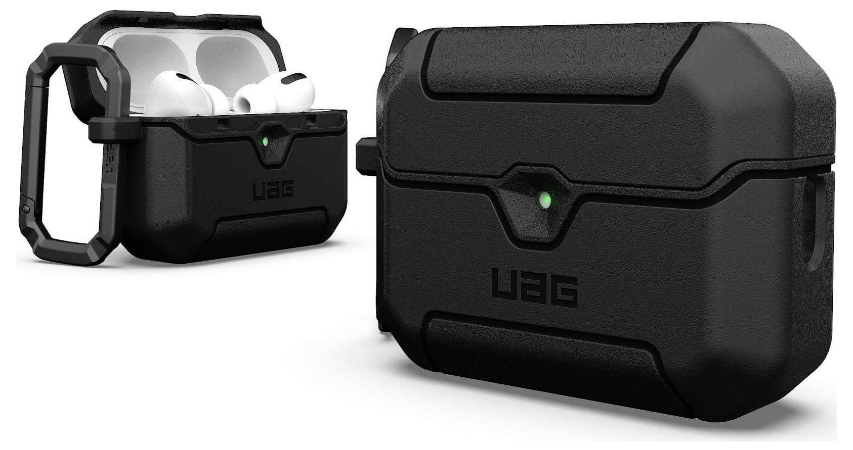 Due custodie protettive antiurto UAG nere per AirPods Pro, una aperta che mostra gli auricolari, e l'altra chiusa con una spia luminosa verde.