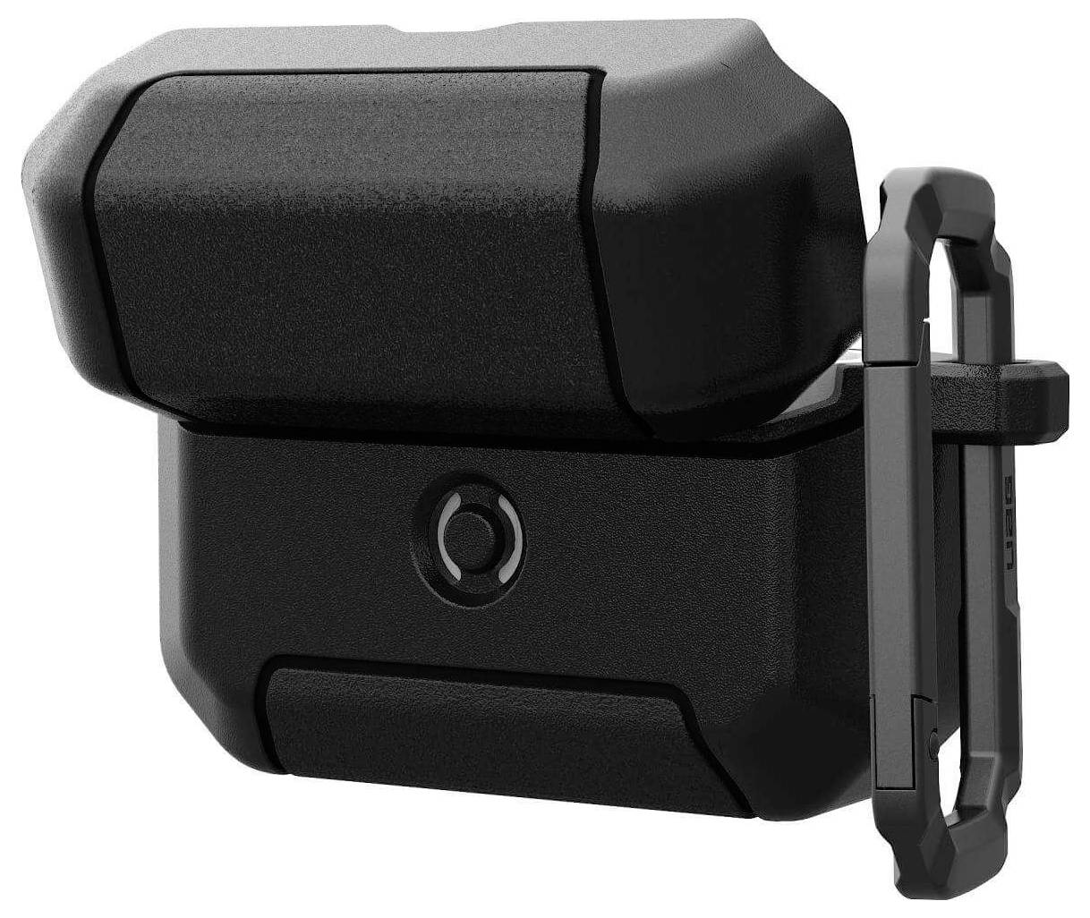 'Una custodia protettiva nera con meccanismo di chiusura a serratura, progettata per l'immagazzinamento sicuro e l'accesso facile.'