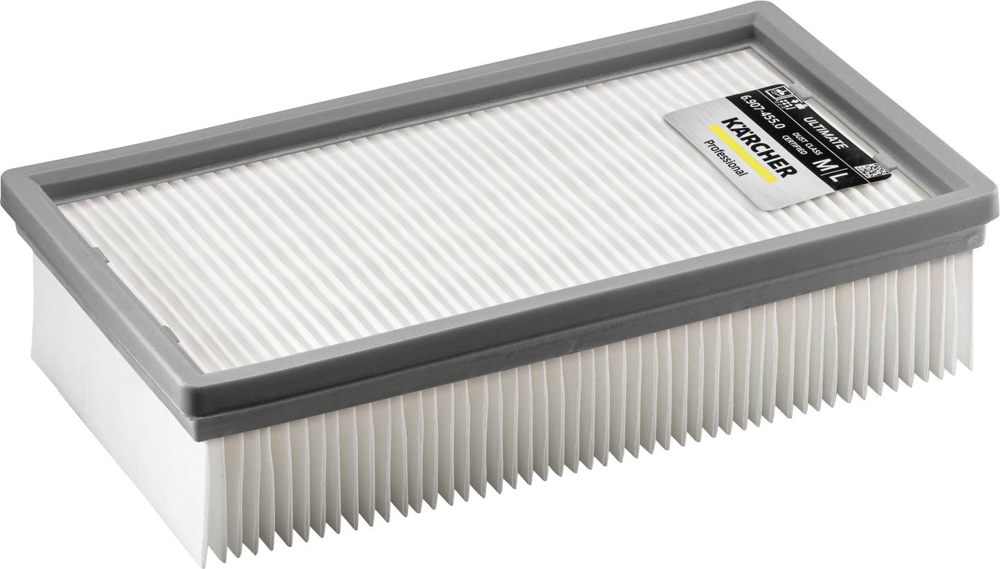 Un filtro aspirapolvere rettangolare con pieghe e una cornice grigia, con un'etichetta che riporta "Karcher" nell'angolo in alto a destra.