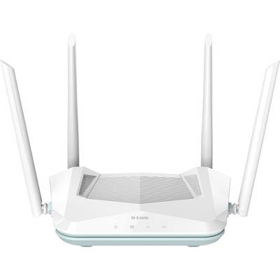 Un router bianco con quattro antenne, etichettato "D-Link", utilizzato per la connettività internet wireless.