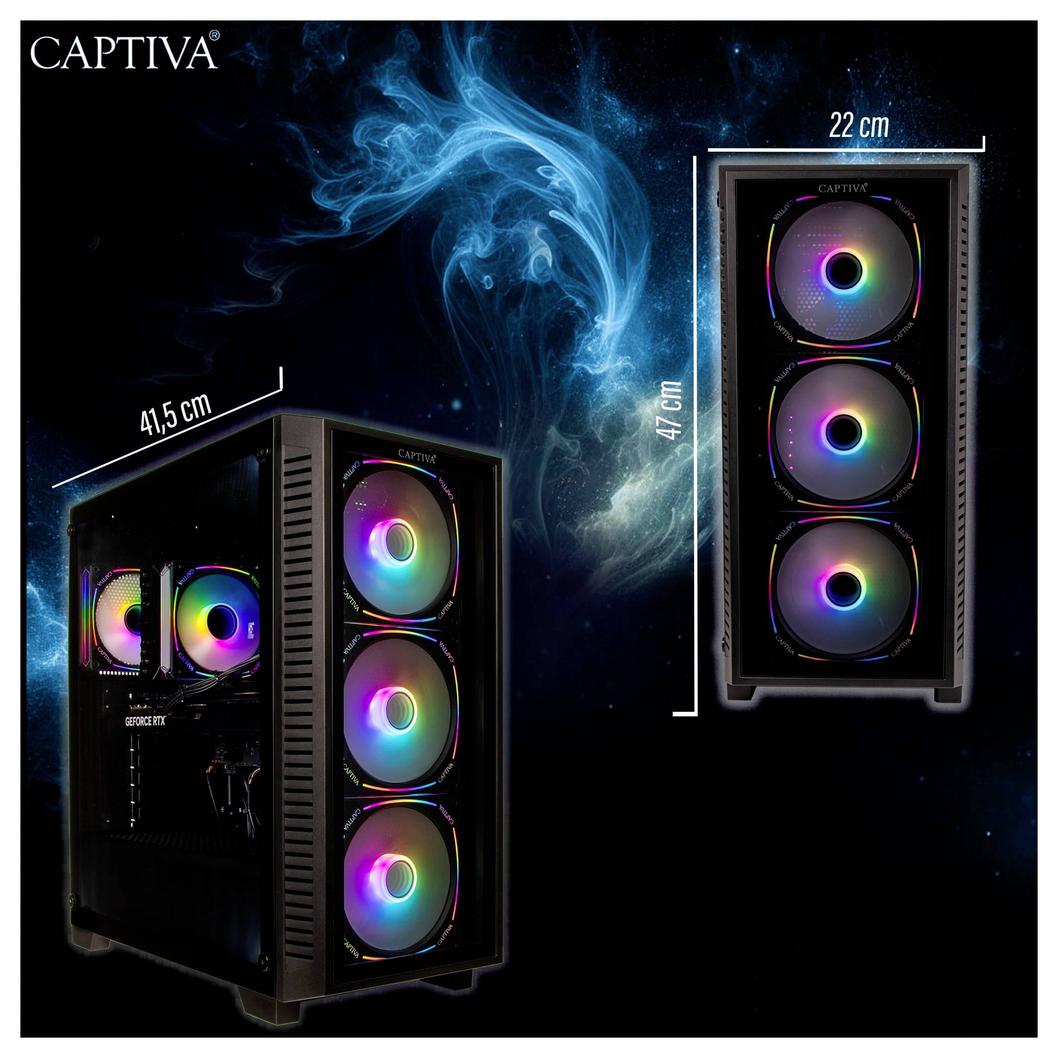 Un case per computer con ventole LED colorate illuminate in un ambiente buio. Le dimensioni sono indicate: 47 cm di altezza, 22 cm di larghezza, 41,5 cm di profondità.