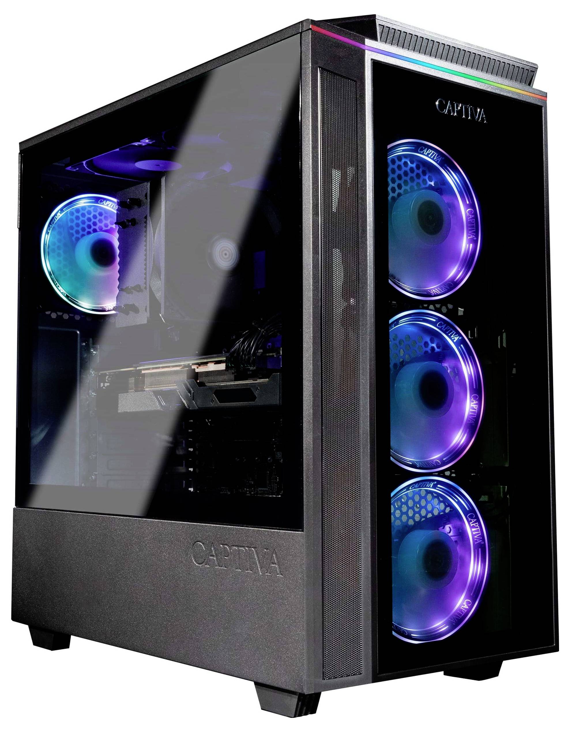 Una torre per PC da gioco nera con pannello laterale trasparente, illuminata da luci LED blu e viola, che mostra i componenti interni.