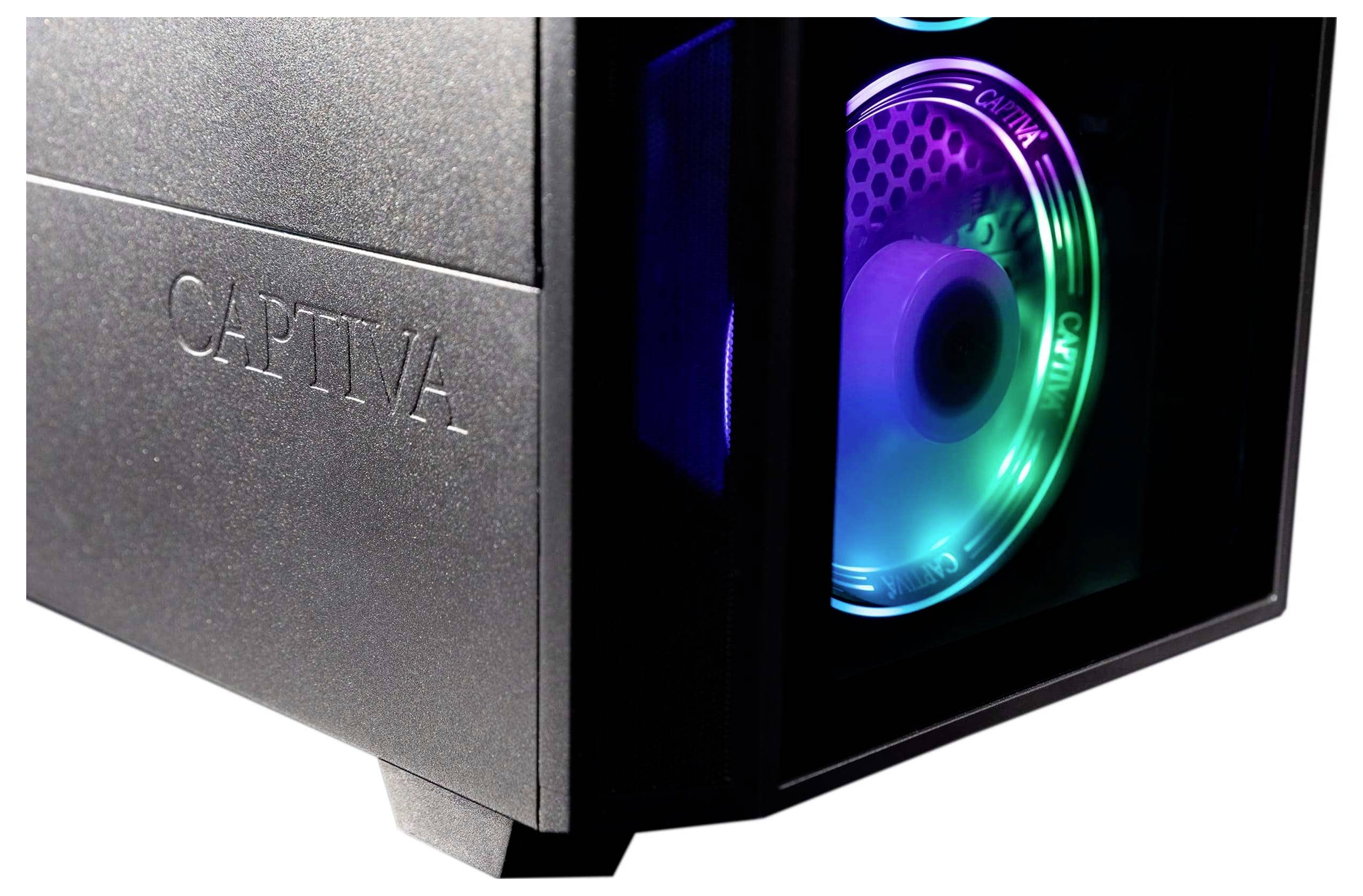 Una torre di computer nera con il marchio "CAPTIVA" inciso sul lato. All'interno, una ventola di raffreddamento emette luci LED colorate in tonalità di blu e verde.