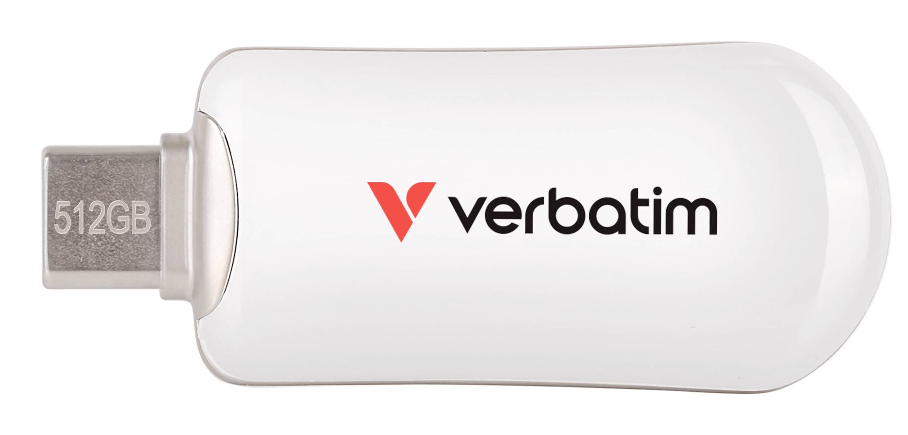 Unità flash USB Verbatim bianca da 512GB con connettore USB-C mostrata su sfondo bianco.