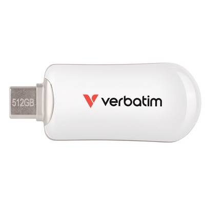Unità flash USB Verbatim bianca da 512GB con connettore USB-C mostrata su sfondo bianco.