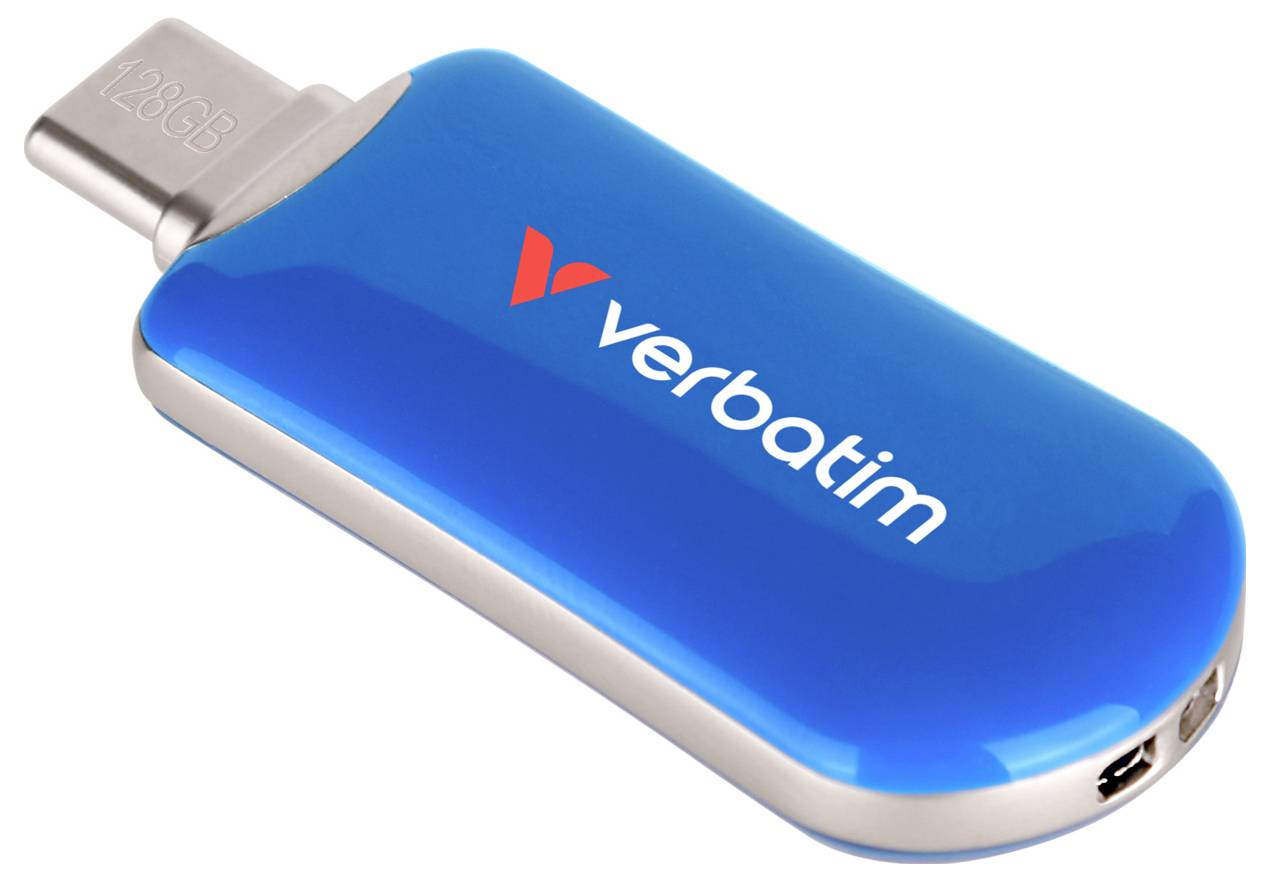 Unità flash USB Blue Verbatim con connettore argentato, mostrata su uno sfondo bianco.