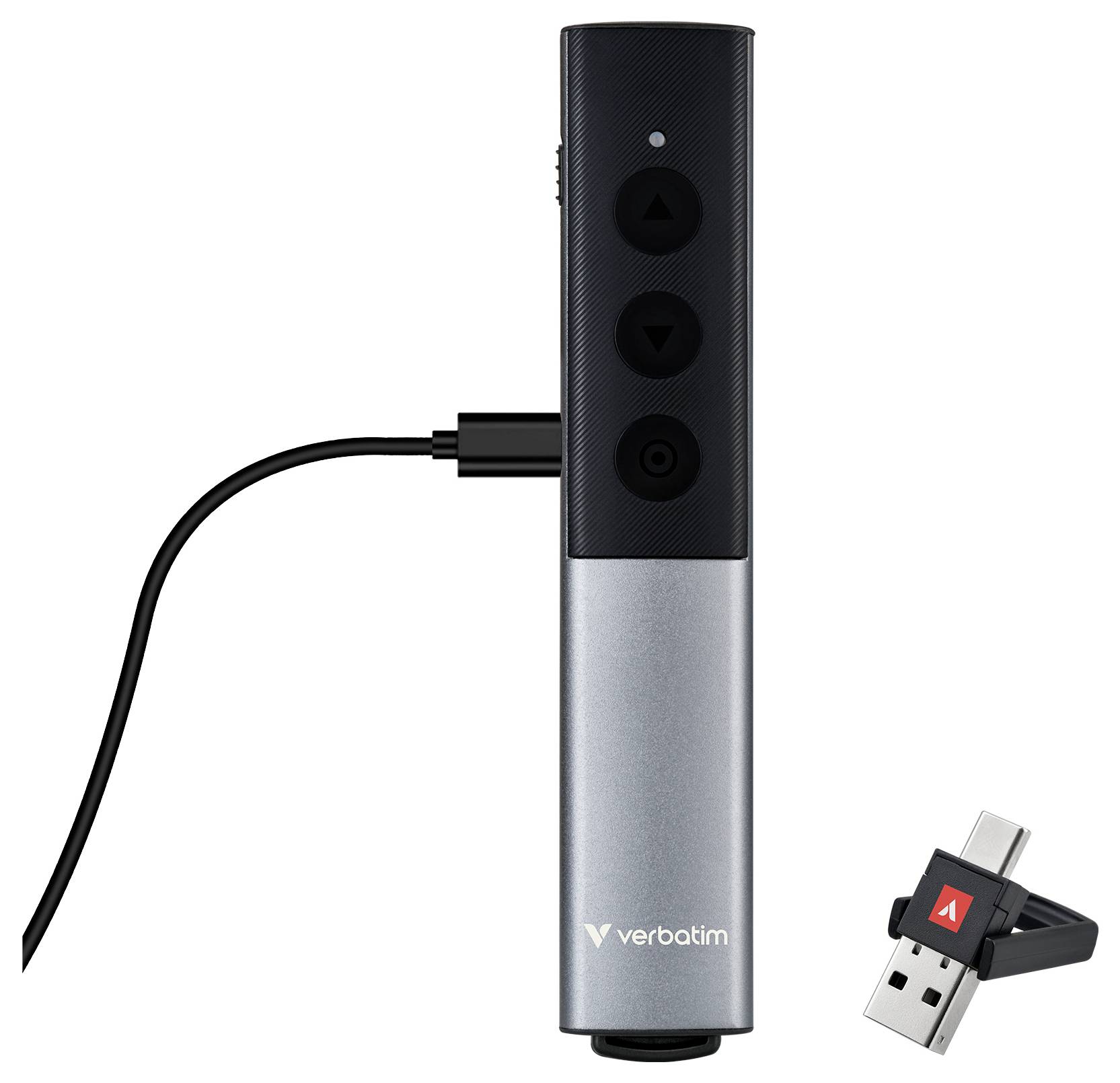 Telecomando per presentazioni wireless Verbatim con ricevitore USB dongle mostrato accanto ad esso, con pulsanti su/giù e laser con cavo di ricarica collegato.