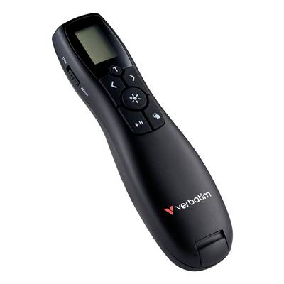 Telecomando di presentazione Black Verbatim con piccolo schermo LCD, pulsanti direzionali e di luminosità, e interruttore accensione/spegnimento.