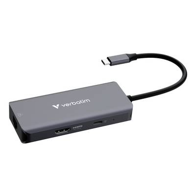 Adattatore hub USB-C Verbatim con HDMI e altri port, mostrato con cavo USB-C collegato.