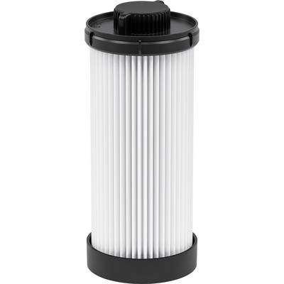 Una cartuccia filtro aria cilindrica con materiale pieghettato bianco e tappi terminali in plastica nera, utilizzata per scopi di filtrazione negli apparecchi.