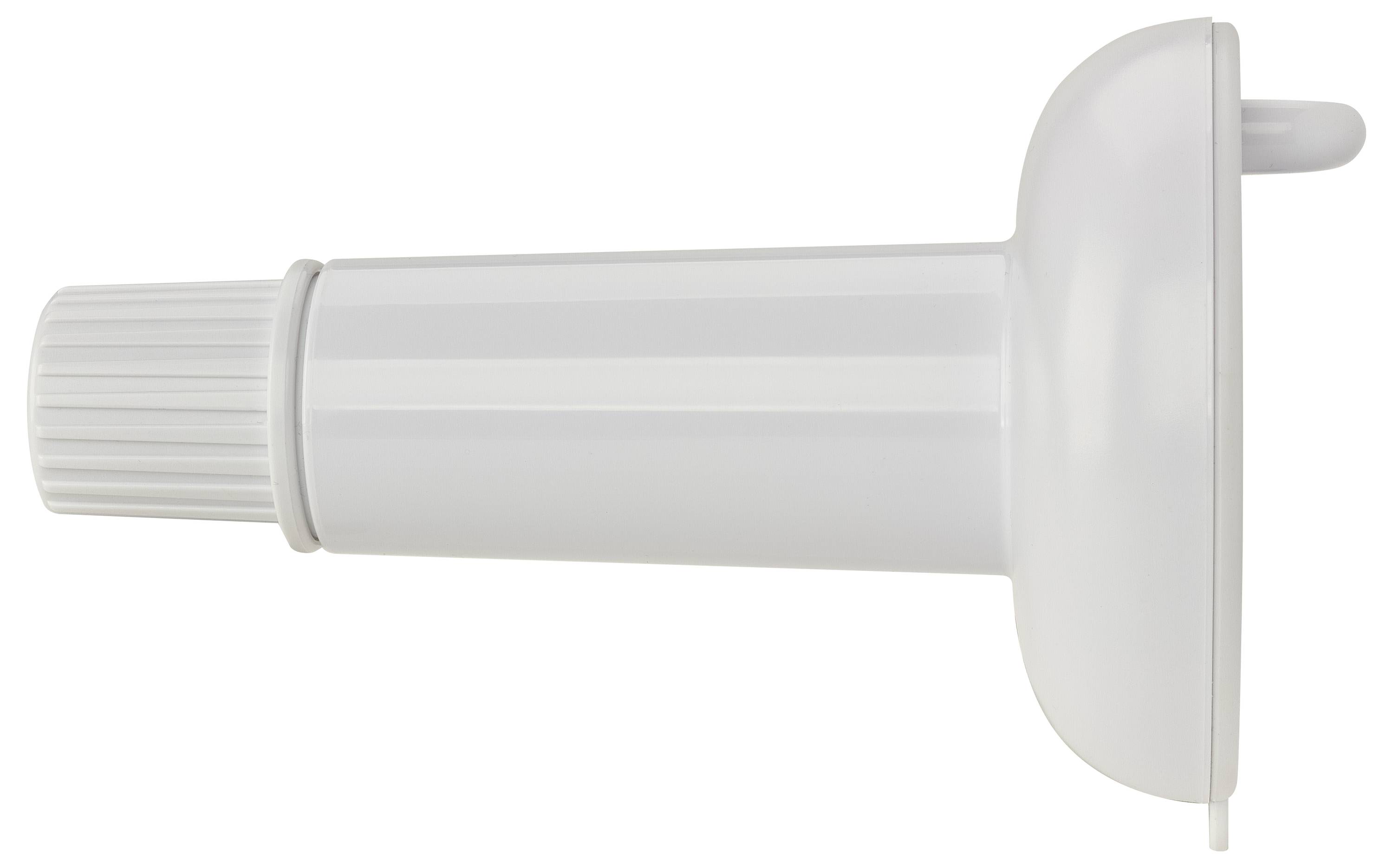 Un'antenna bianca montata a parete con corpo cilindrico e base circolare piatta rivolta lateralmente. Utilizzata per la ricezione satellitare o radiotelevisiva.