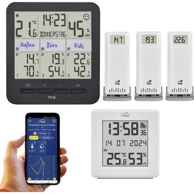 Stazione meteorologica digitale che visualizza le temperature attuali in varie stanze, l'umidità e l'ora. Include tre sensori e una schermata dell'app per smartphone che mostra i grafici della temperatura.