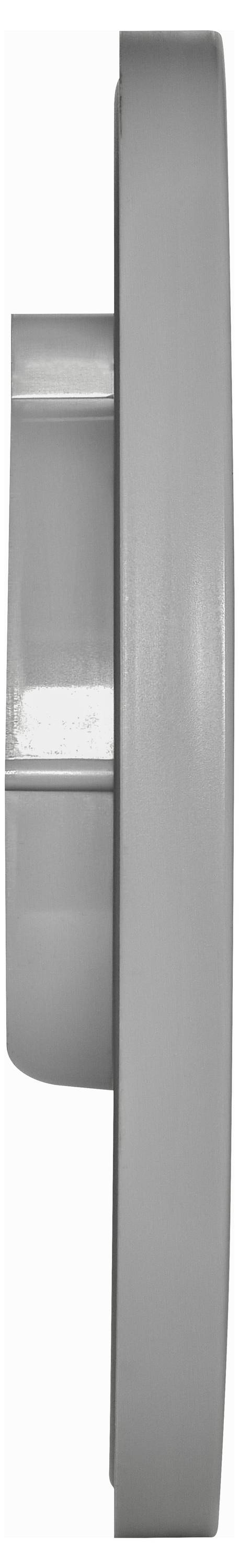 L'immagine mostra una vista laterale di un orologio da parete in nichel spazzolato con un design semplice e arrotondato. Il quadrante dell'orologio non è visibile.