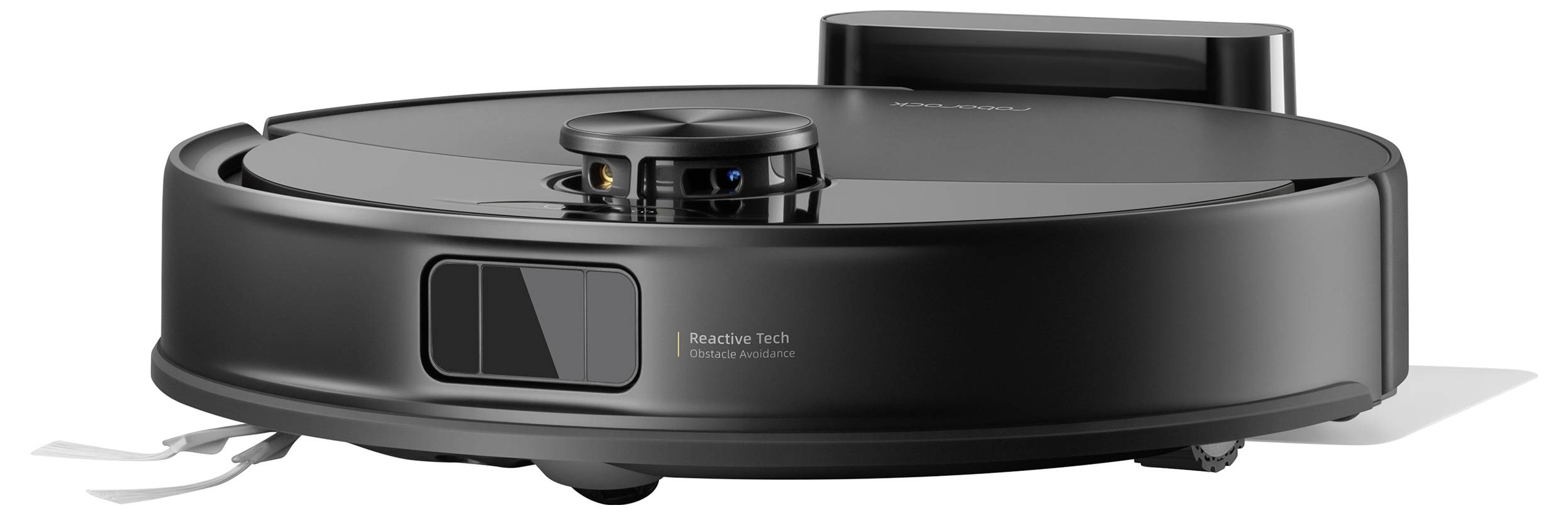 Un elegante aspirapolvere robotico nero con un sensore di navigazione sulla parte superiore, progettato per la pulizia automatizzata dei pavimenti, è mostrato su uno sfondo bianco.