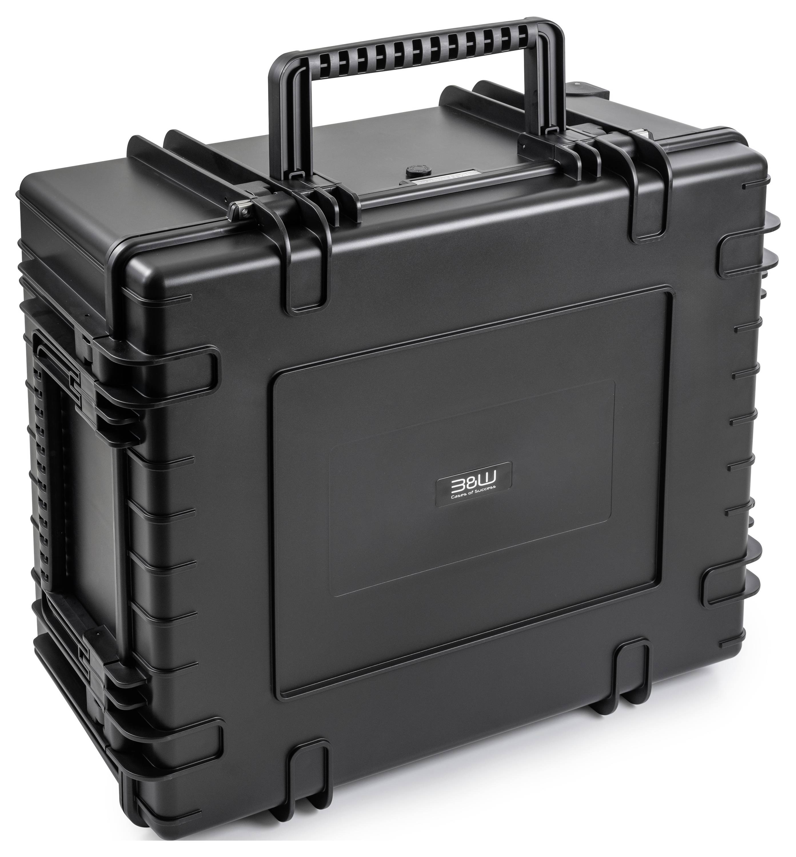 Una robusta custodia in plastica nera con maniglia in rilievo e fermi di sicurezza, progettata per proteggere e trasportare le apparecchiature.