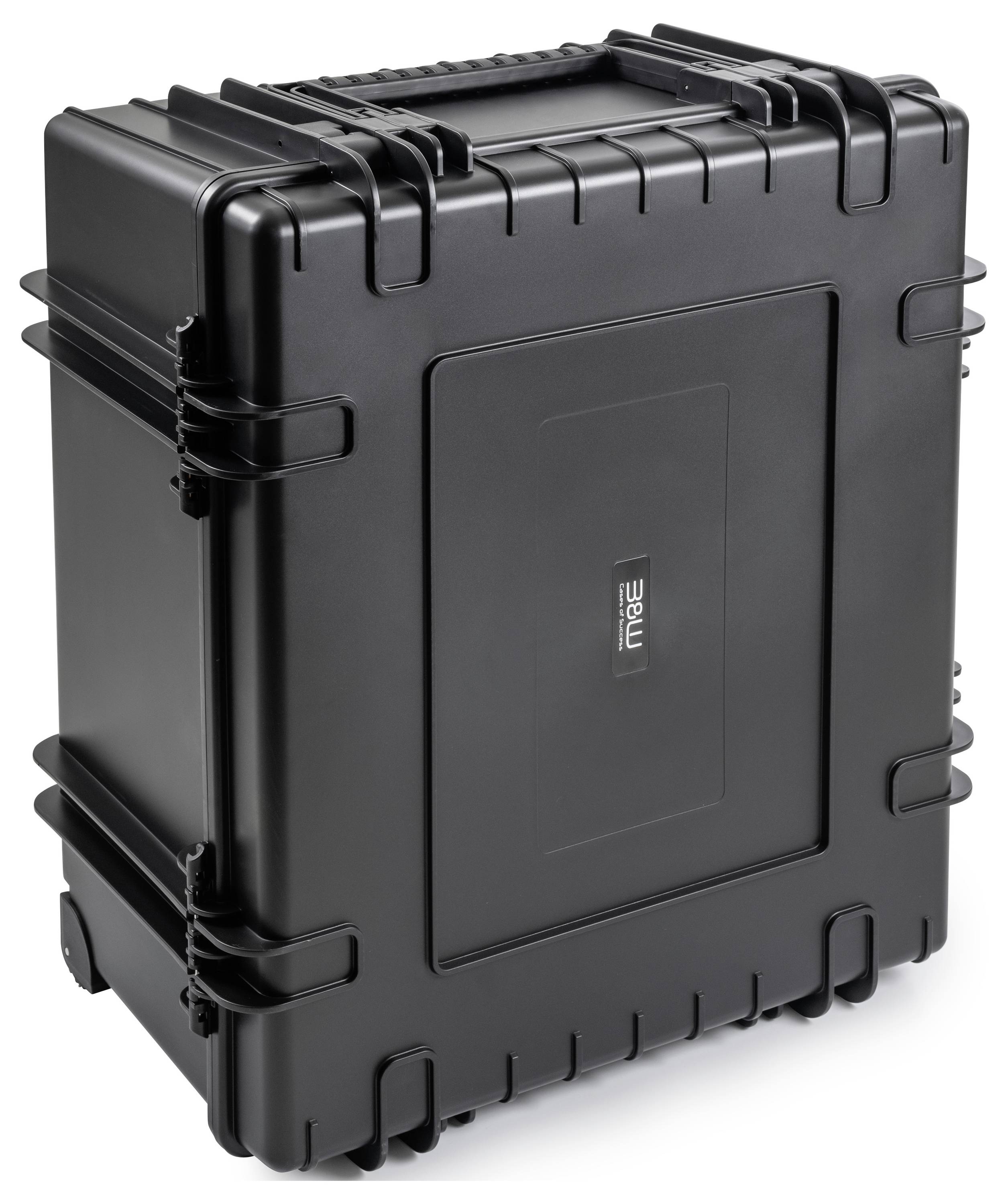 Una grande custodia per apparecchiature nera e robusta con chiusure sicure e una maniglia, progettata per trasportare in sicurezza articoli sensibili o di valore.