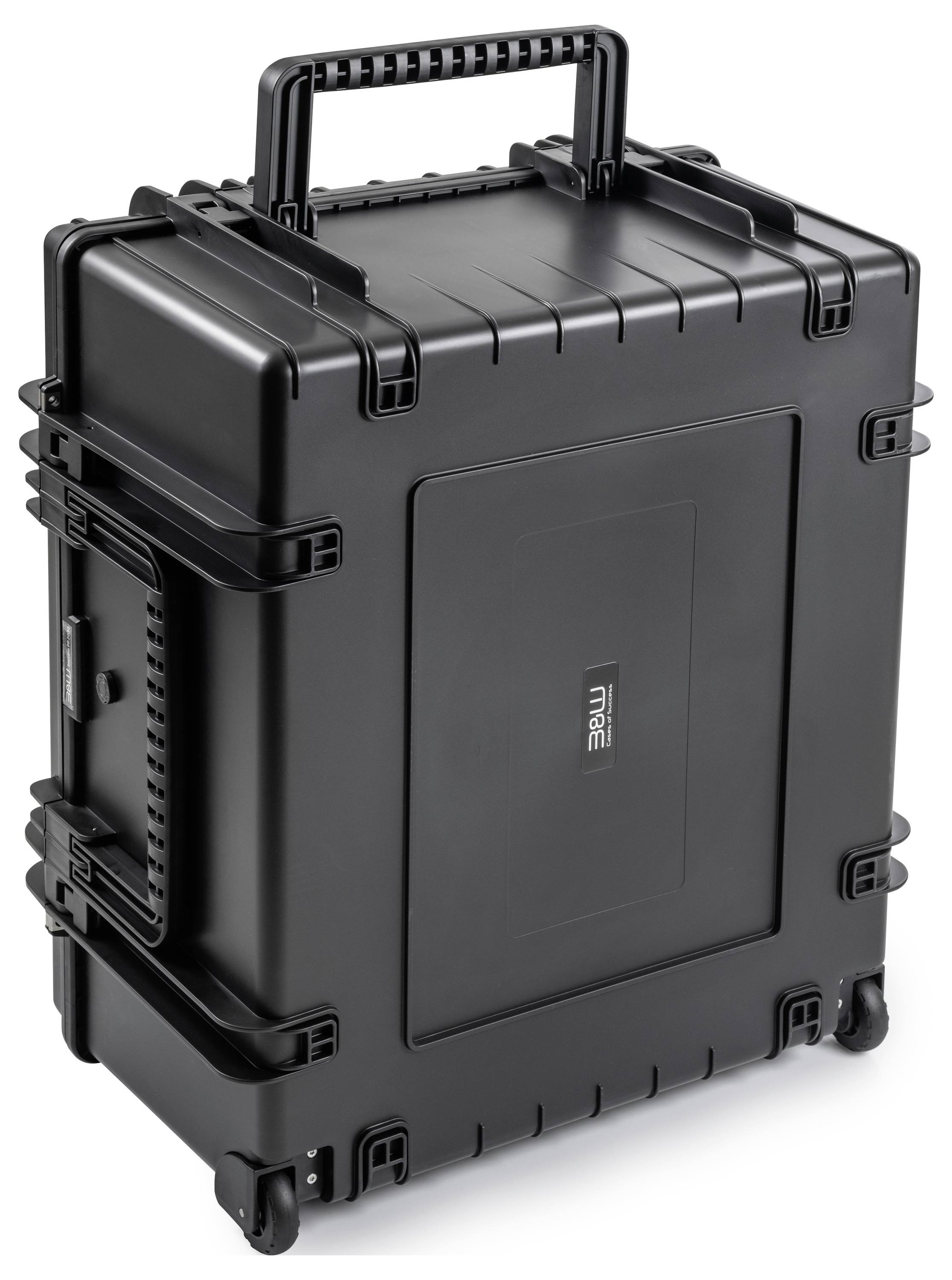 Una custodia protettiva nera e resistente con ruote e maniglia, progettata per trasportare l'attrezzatura in sicurezza.