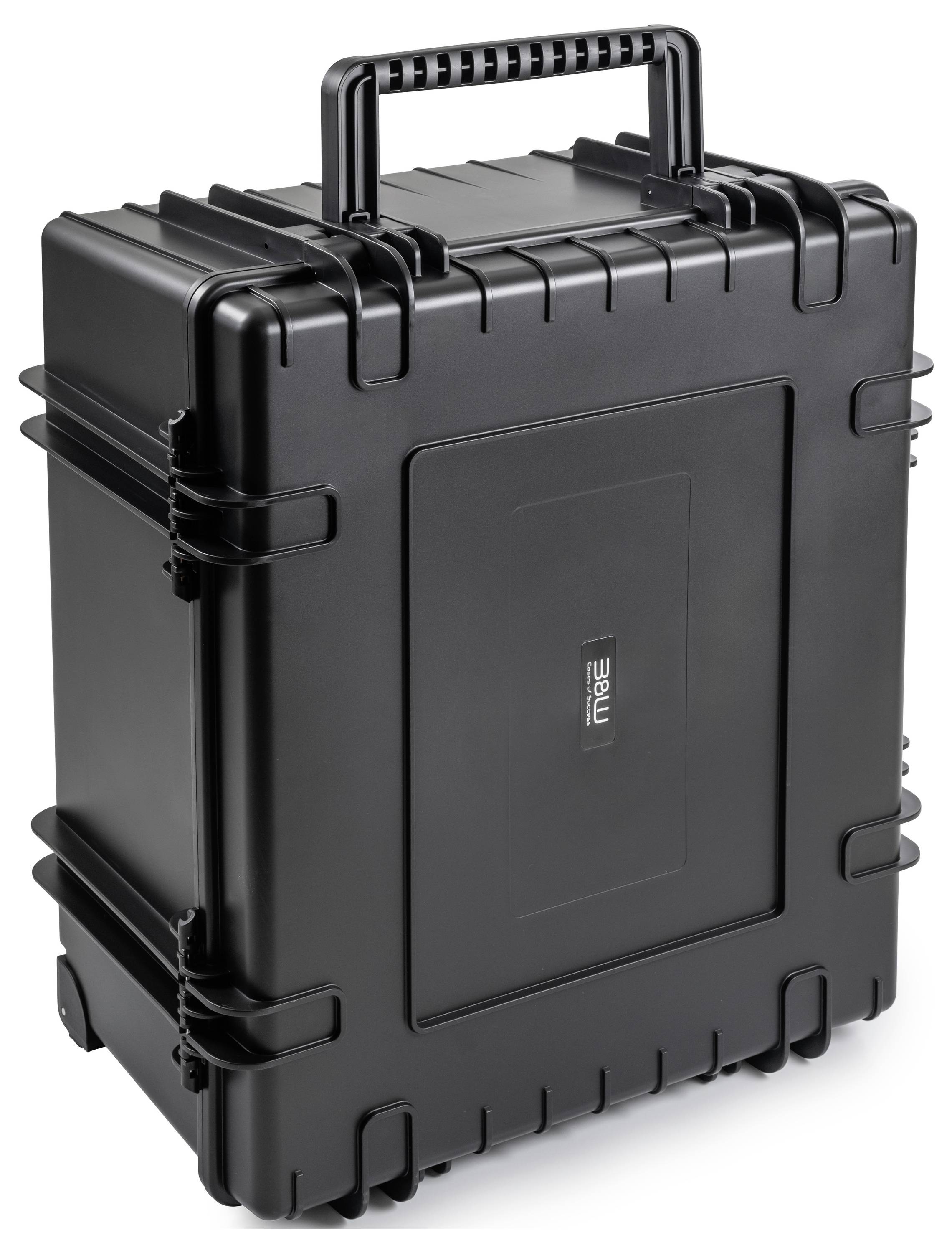 Una robusta custodia protettiva nera con manico, progettata per l'archiviazione sicura e il trasporto.