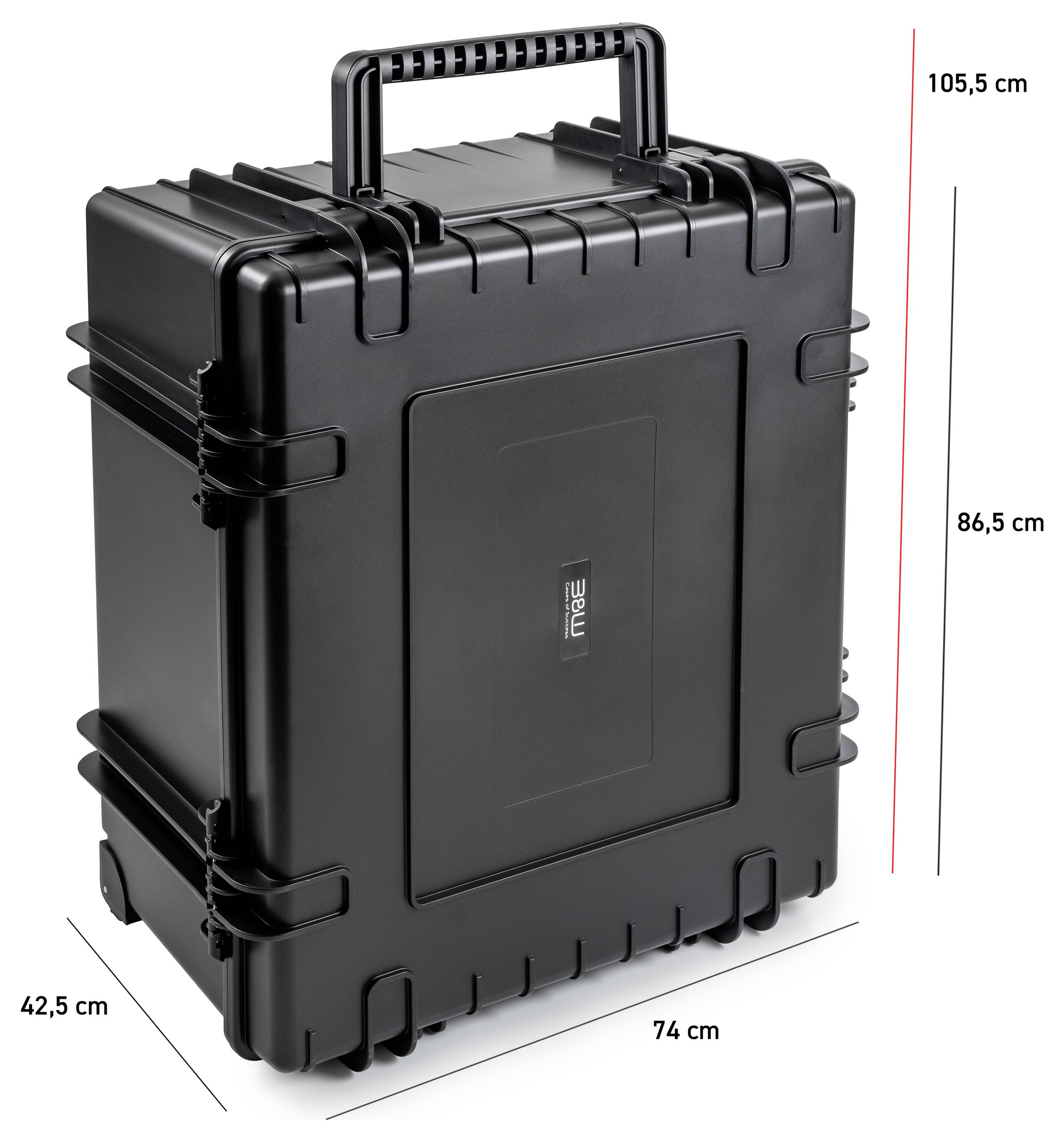 Custodia di trasporto nera con maniglia. Dimensioni: altezza 105,5 cm, larghezza 42,5 cm, lunghezza 74 cm.