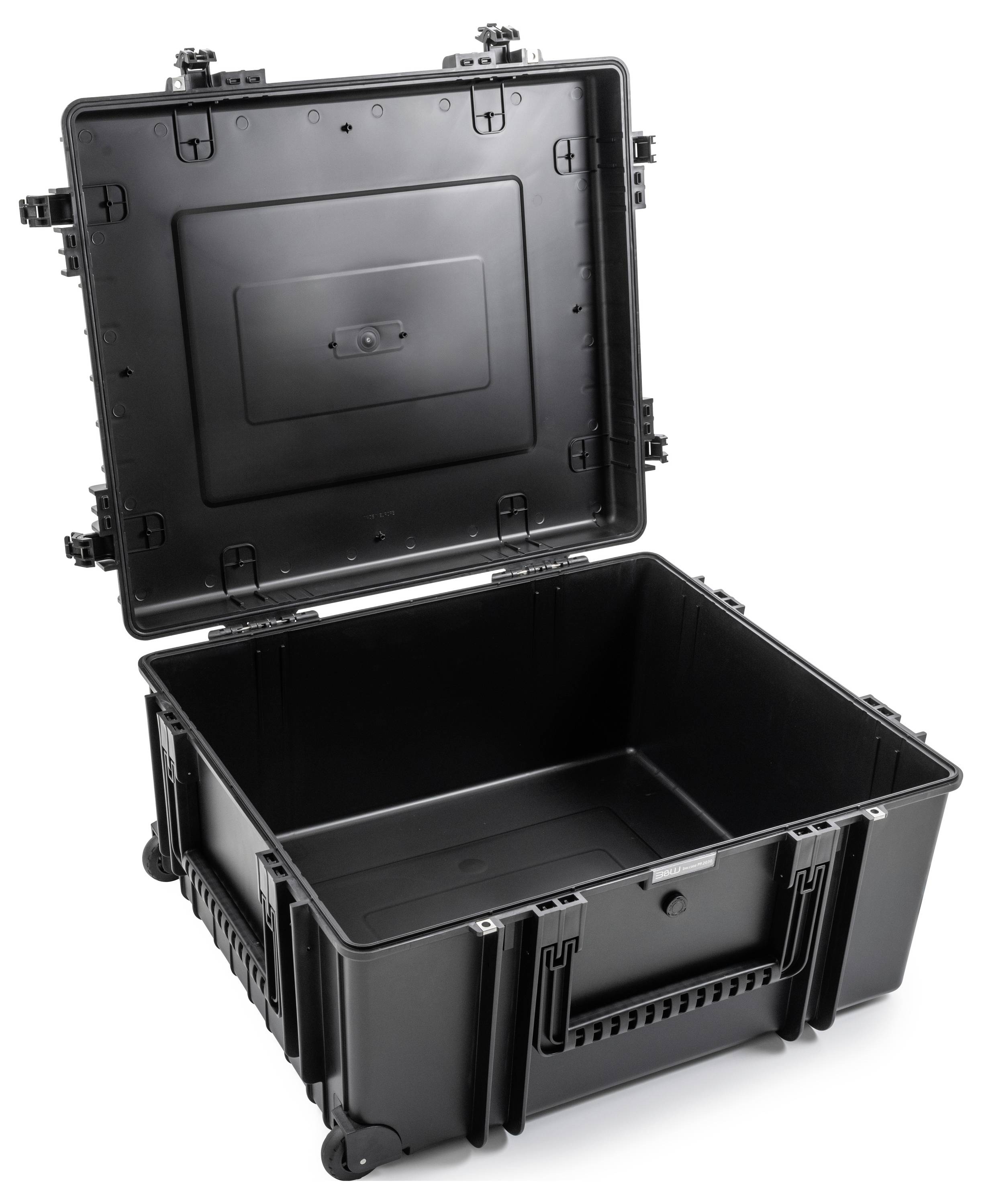 Un caso di trasporto protettivo a guscio rigido nero aperto con rivestimento in schiuma e chiusure di sicurezza, progettato per il trasporto di apparecchiature sensibili o fragili.