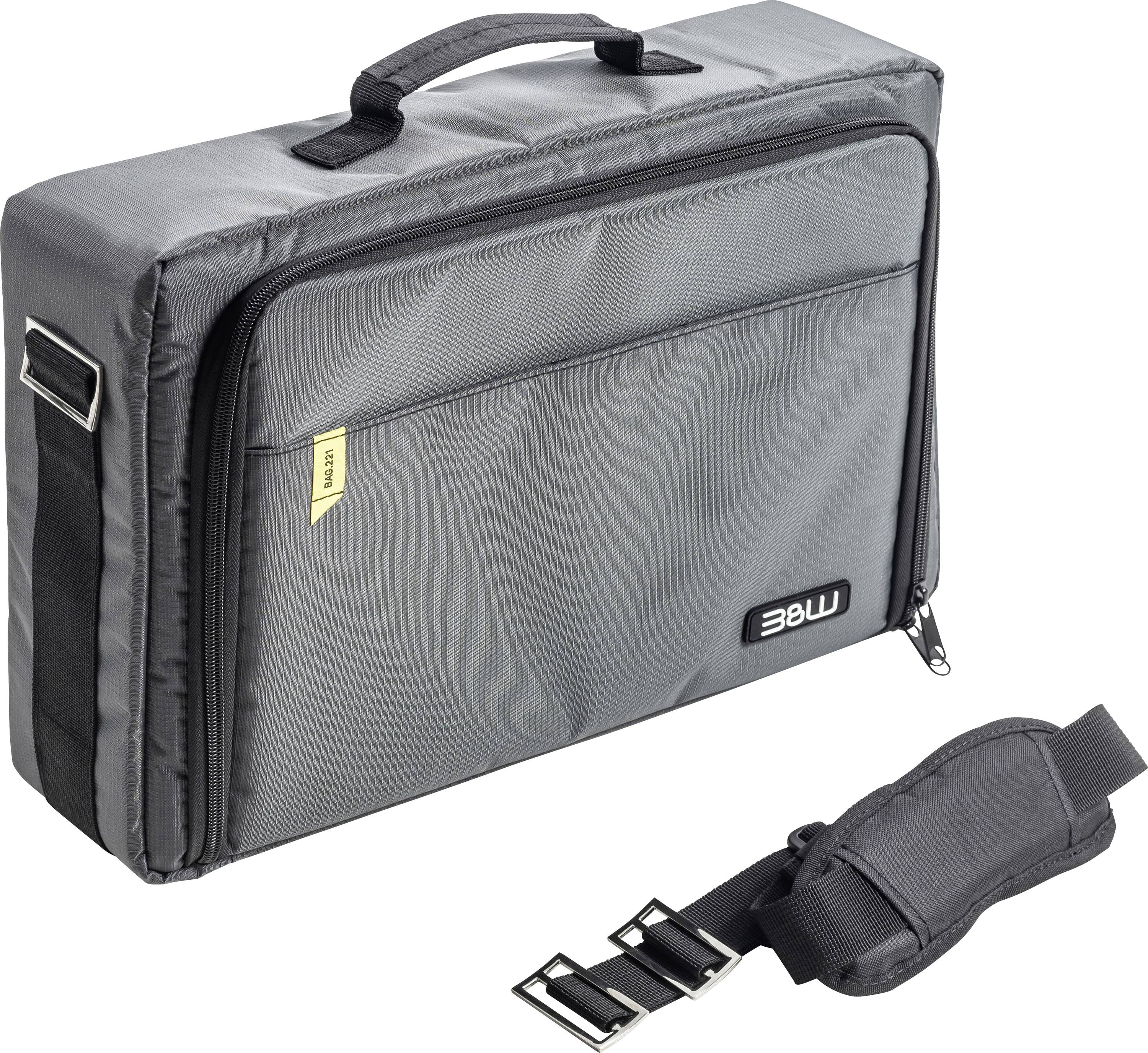 Borsa per laptop grigia con manico e tracolla staccabile, dotata di tasca anteriore con cerniera e etichetta gialla con scritta '16-inch', marchio 'MY' sulla tasca.