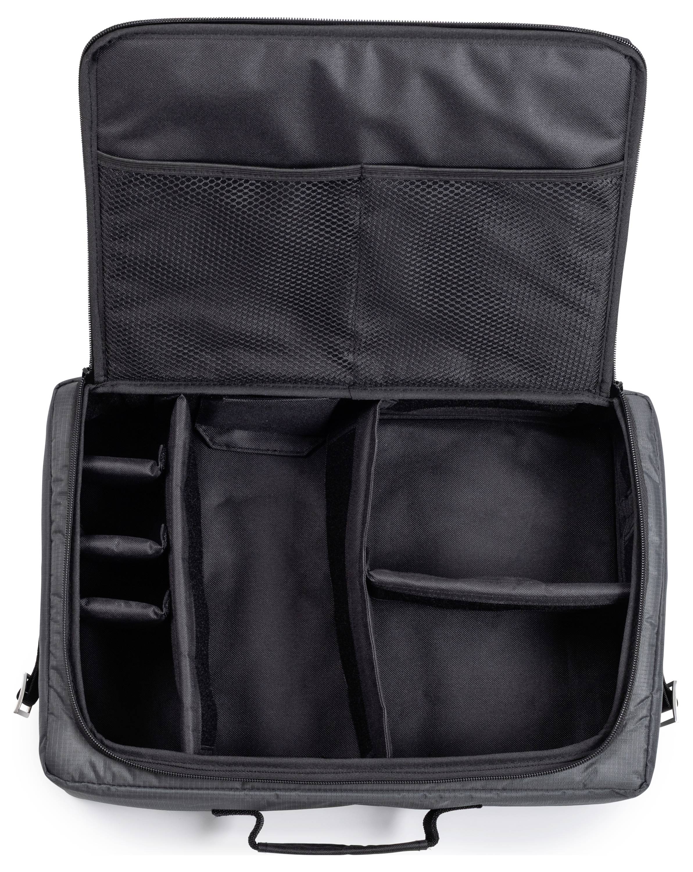 Borsa fotografica nera aperta con scomparti imbottiti personalizzabili per organizzare l'attrezzatura fotografica.
