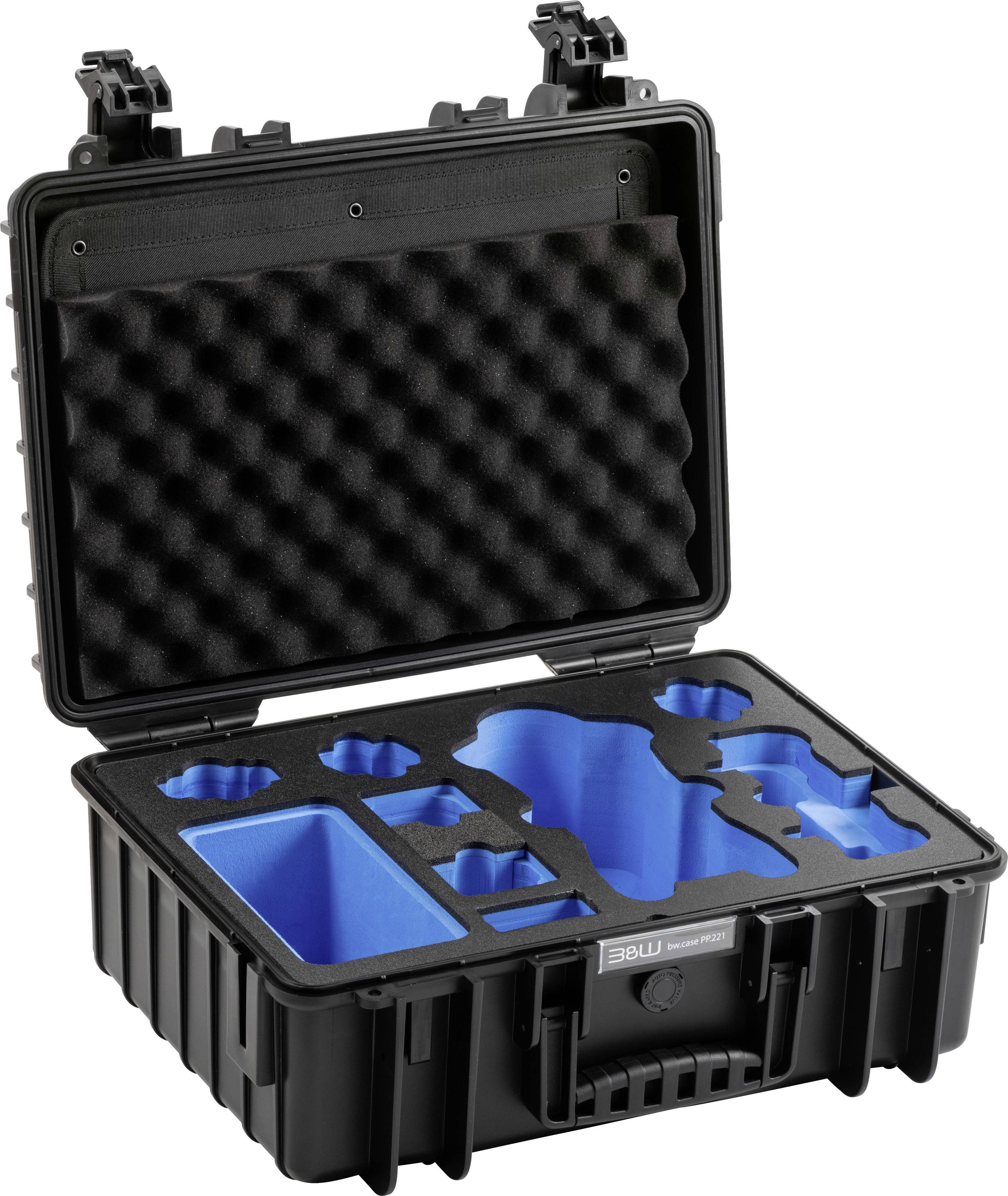 Un'astuccio rigido nero con inserti in schiuma blu personalizzati fornisce vani protettivi per oggetti di varie dimensioni.