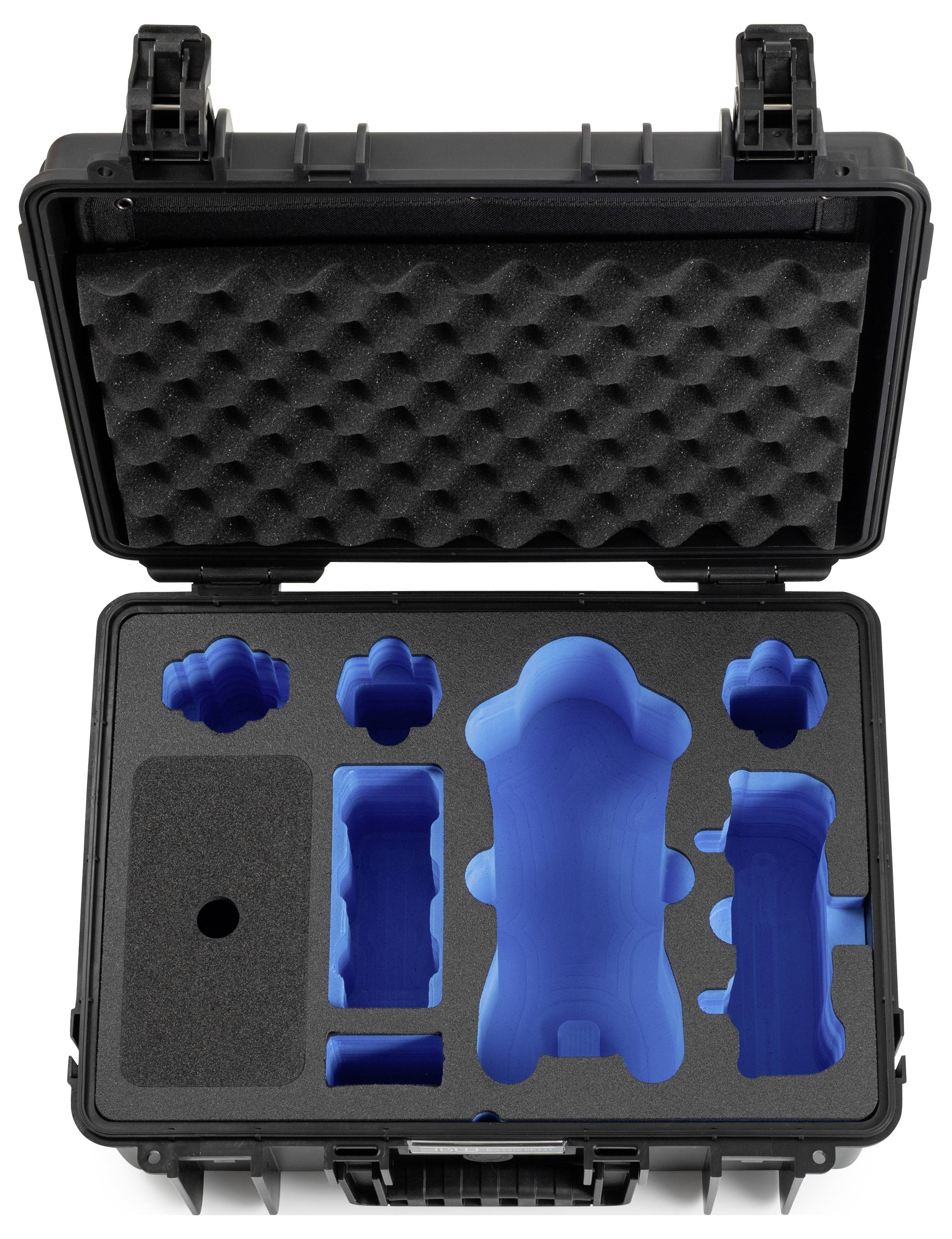 Una custodia protettiva nera aperta con inserti in schiuma blu personalizzati di varie forme per fissare articoli delicati, indicando un'archiviazione sicura.