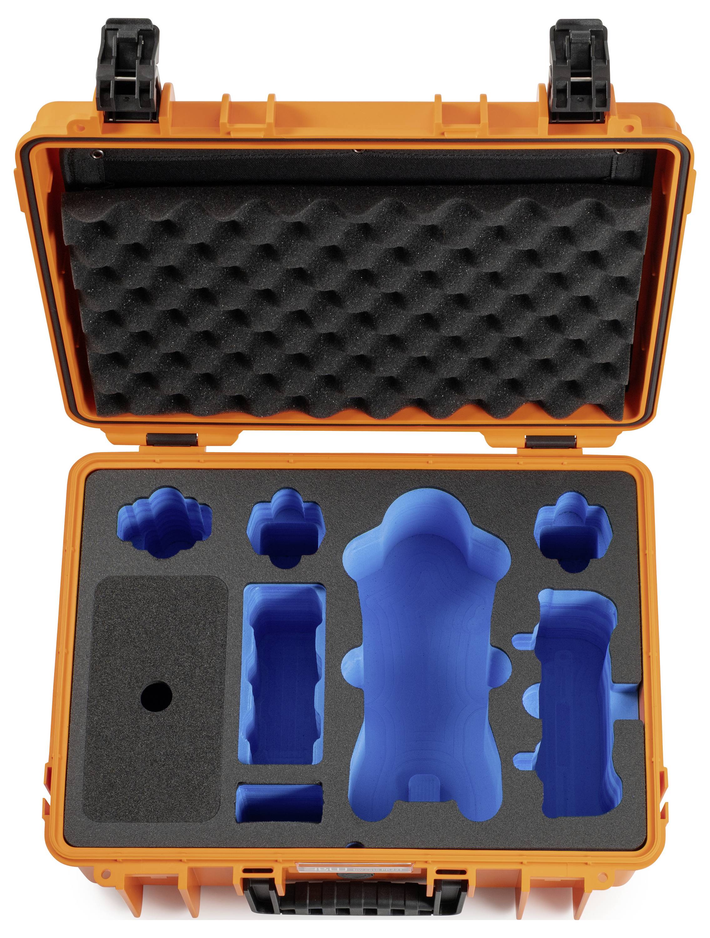 Una custodia arancione aperta con imbottitura nera e inserti in schiuma blu progettata per contenere in modo sicuro attrezzi o apparecchiature di forma specifica.