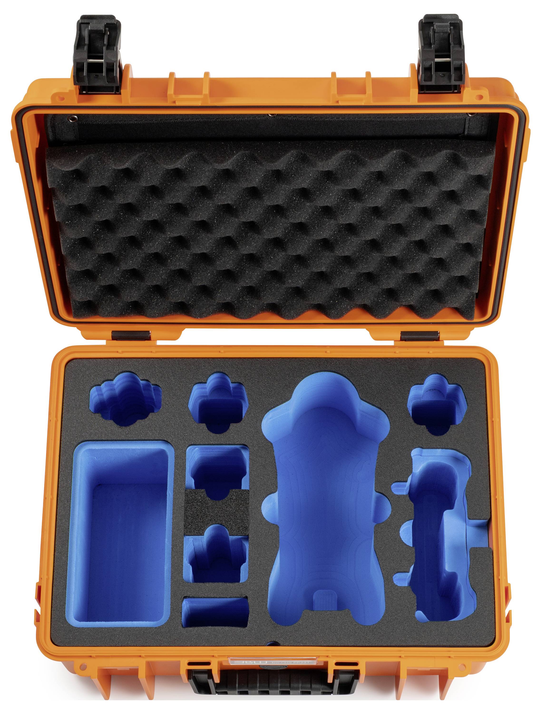 Un astuccio arancione aperto con inserti in schiuma personalizzati che mantengono saldamente al loro posto vari componenti blu stampati in 3D, progettato per la protezione e l'organizzazione.