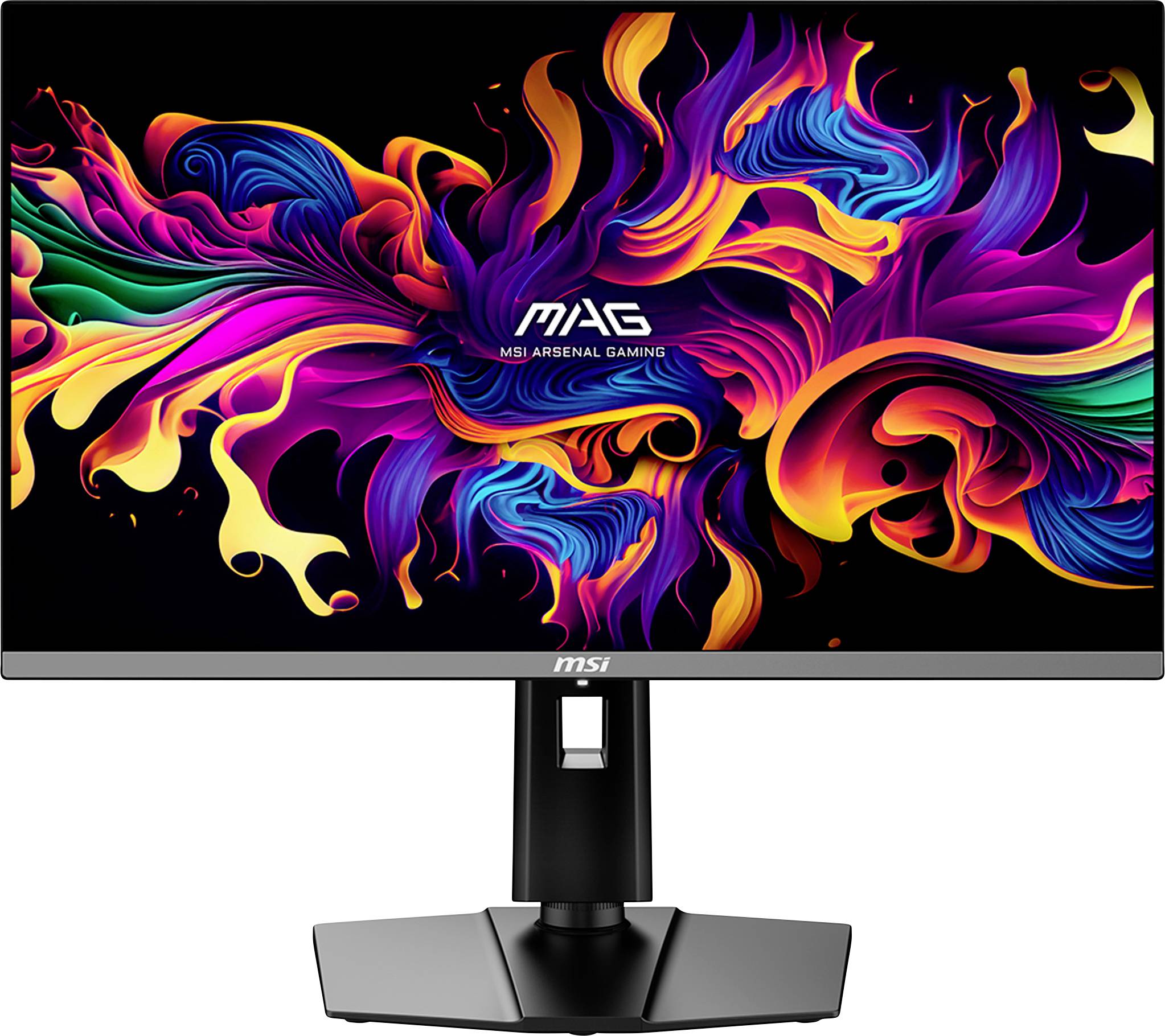"Un monitor di computer che visualizza un'arte astratta vibrante e turbinante in colori luminosi con il testo "MAG Arsenale Gaming" al centro."