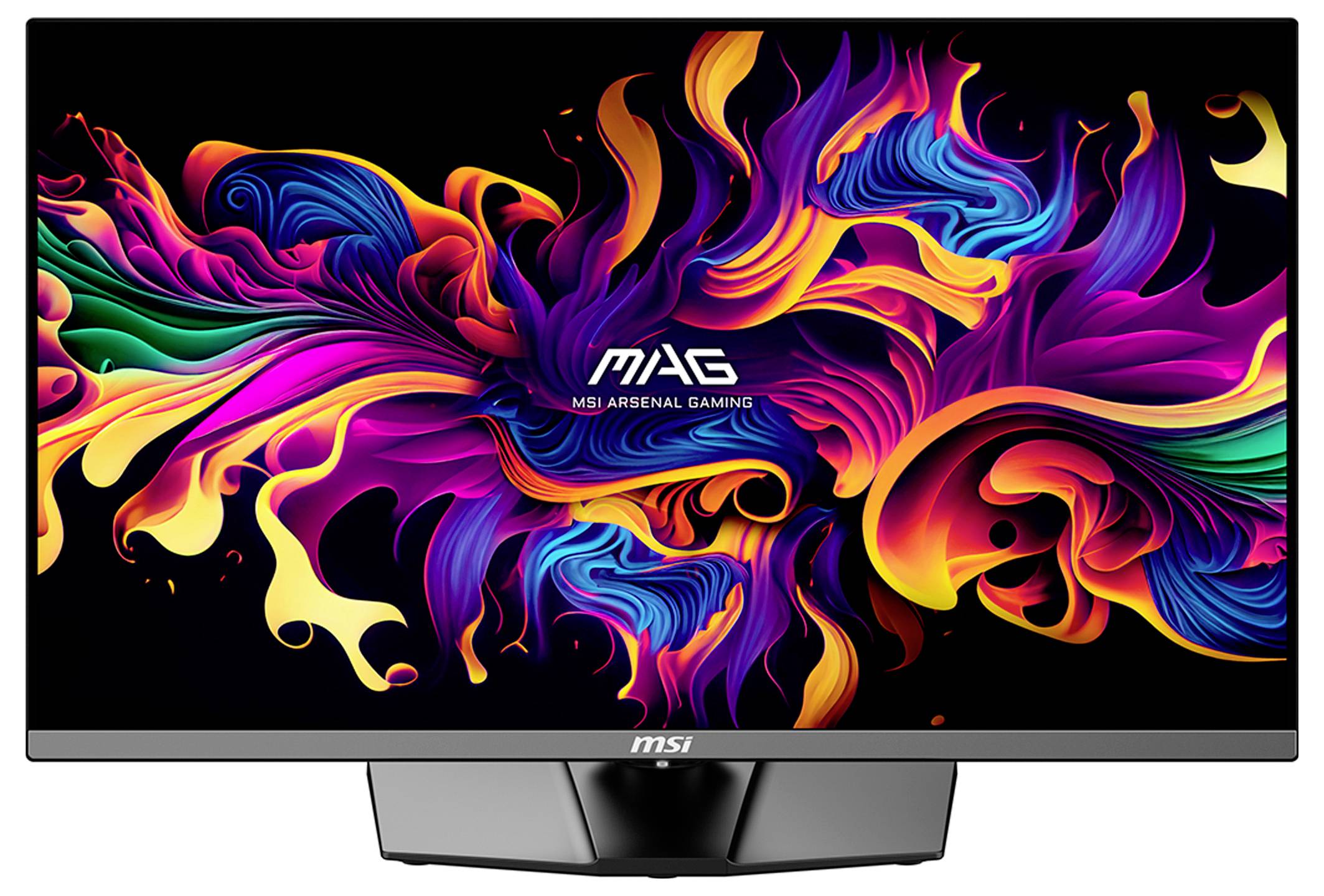 'Monitor MSI che mostra un design astratto vibrante con motivi vorticosi e colorati in tonalità di rosso, rosa, blu e arancione.'