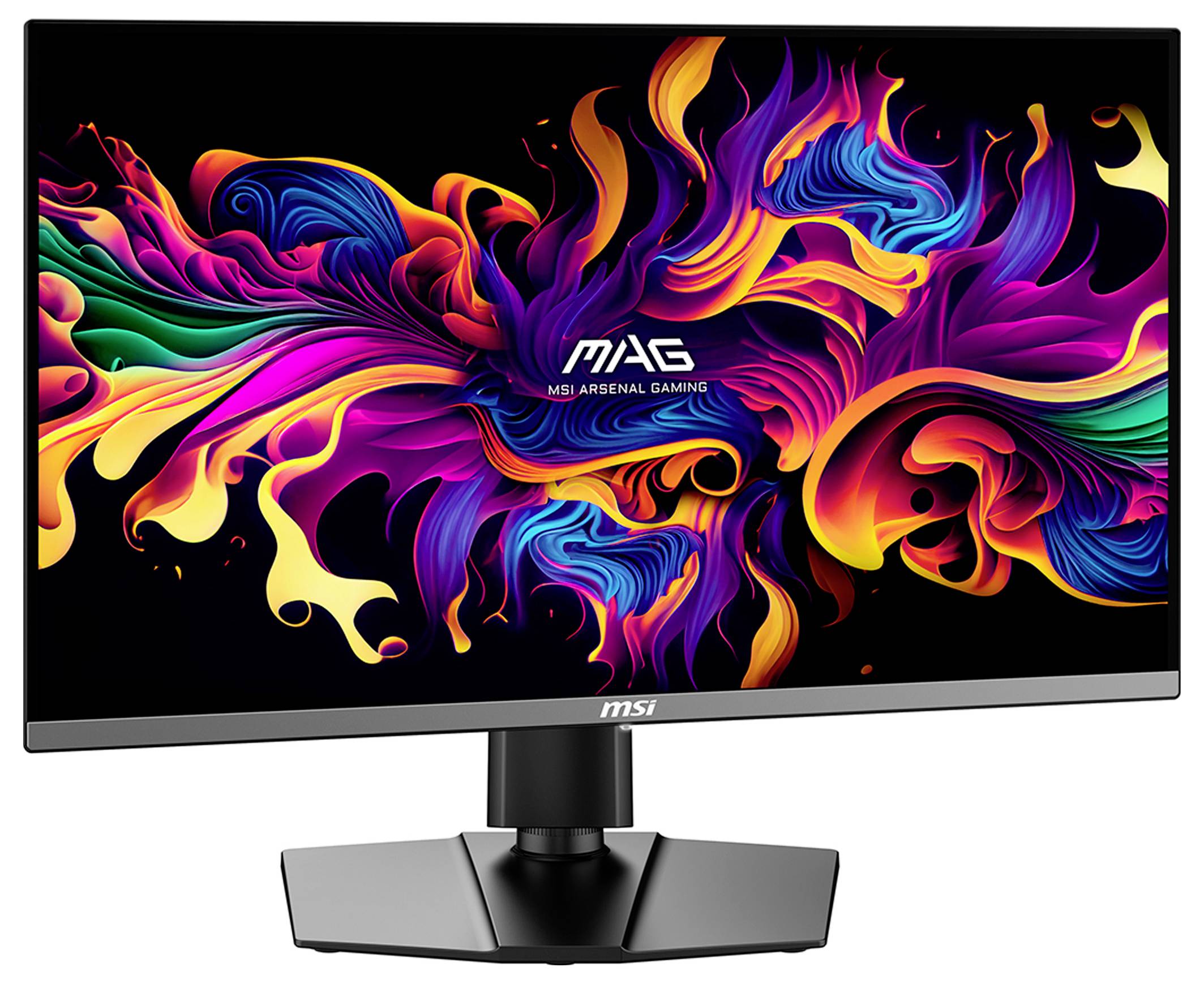 Monitor gaming MSI con design astratto colorato sullo schermo, caratterizzato da vivaci turbinii di viola, arancione e verde