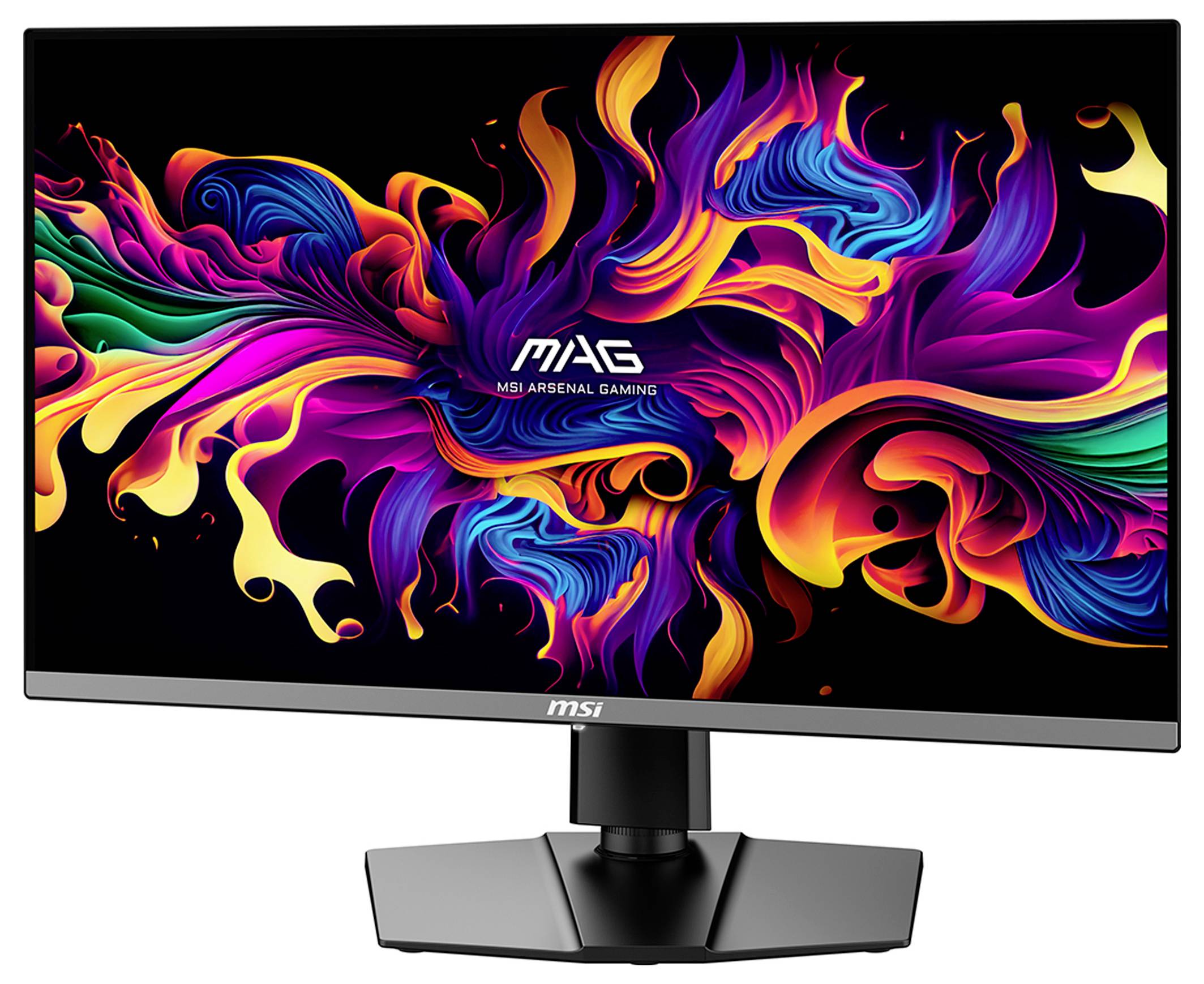 Un monitor di computer visualizza un'opera d'arte astratta vivace e vorticosa in colori brillanti. Lo schermo mostra la scritta 'MAG MSI Arsenal Gaming'.